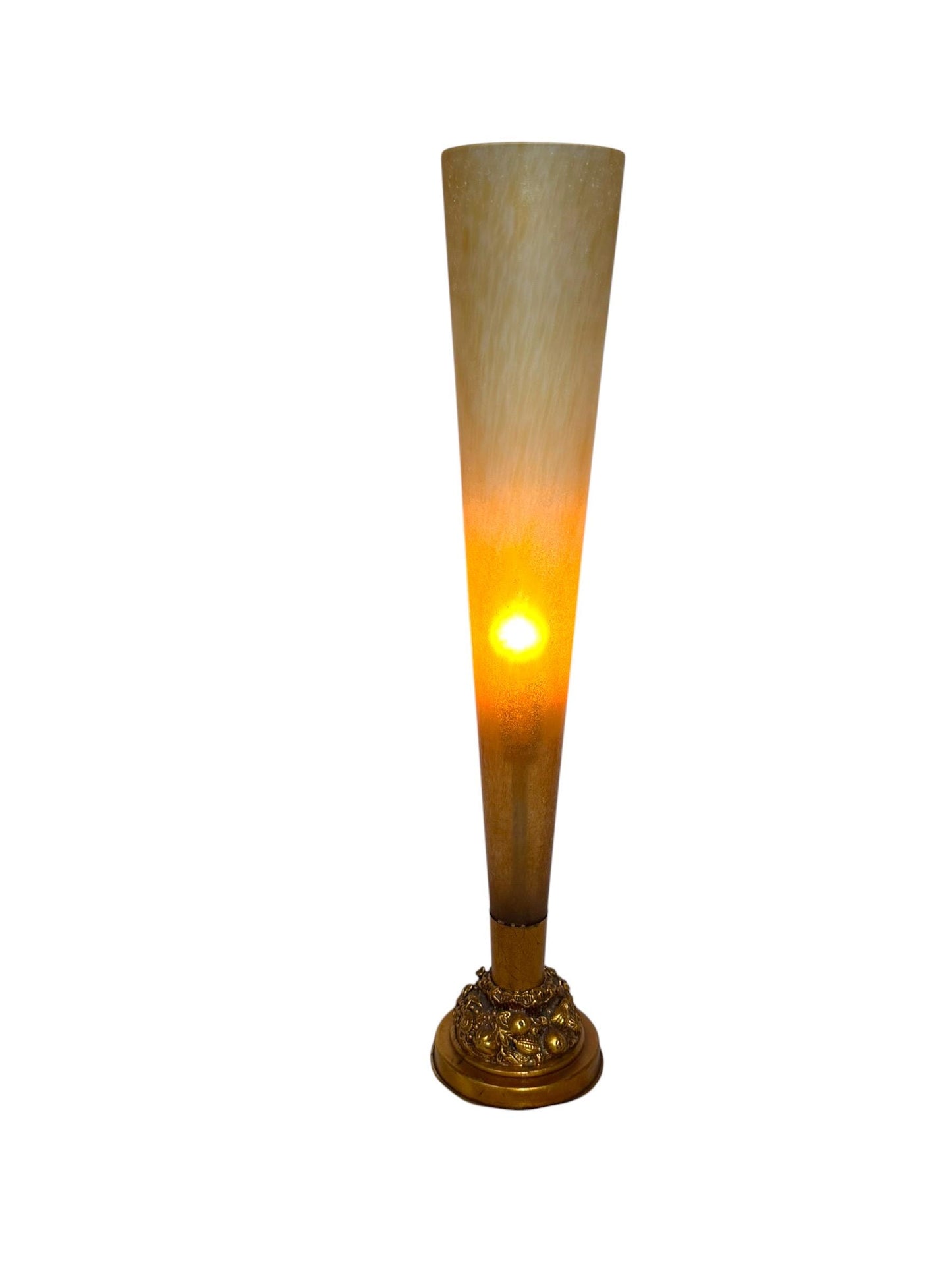 An elegant tall Vintage Italian Hollywood Regency Table Lamp Frosted Glass Gilt Fruit Base Mid Century  tablelamp goldausema lights