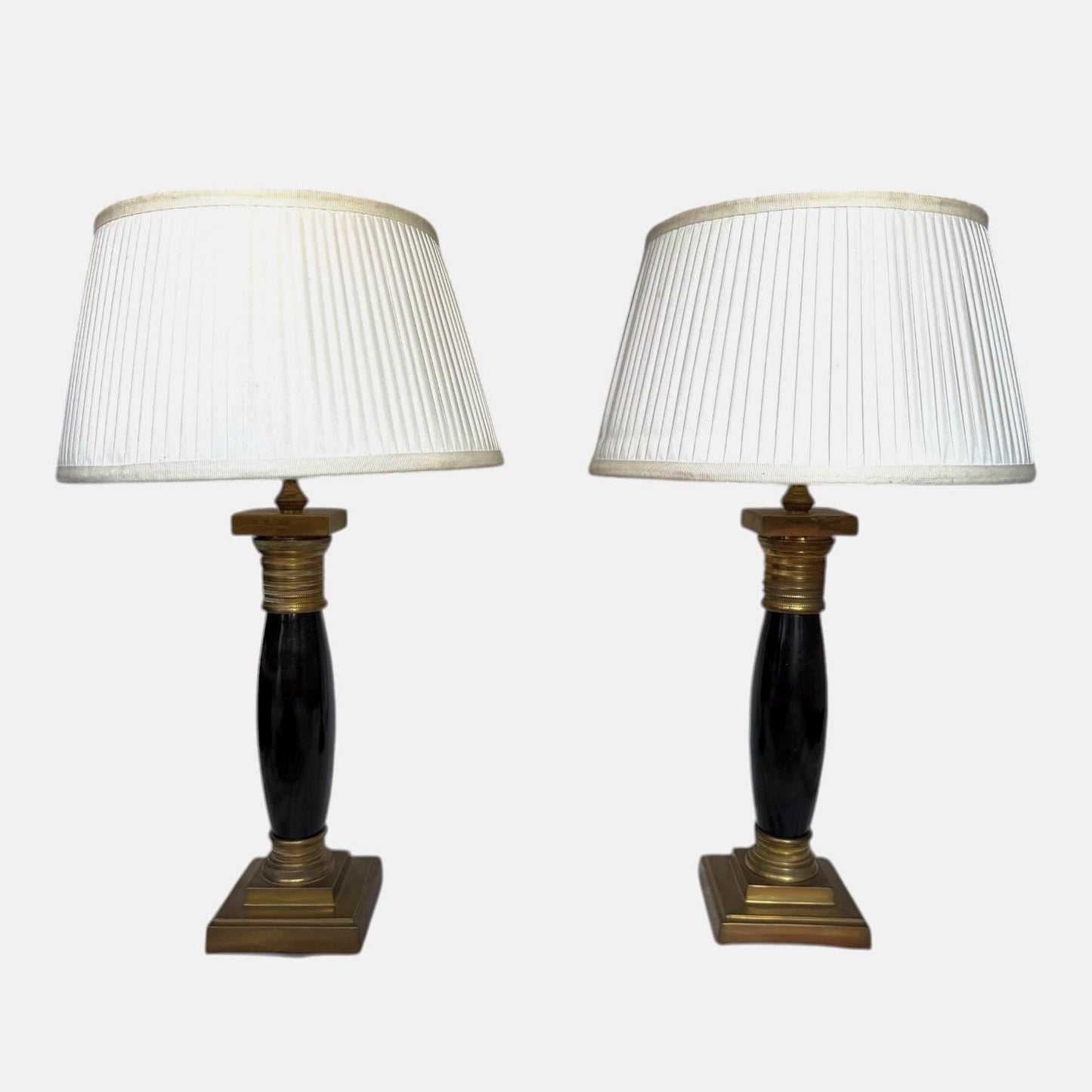 Set Empire Table Lamps, Brass gold & Black, White Pleated Shades, pair of peronne monaco regency kolom zuilen, 65 cm / 25.6 inch