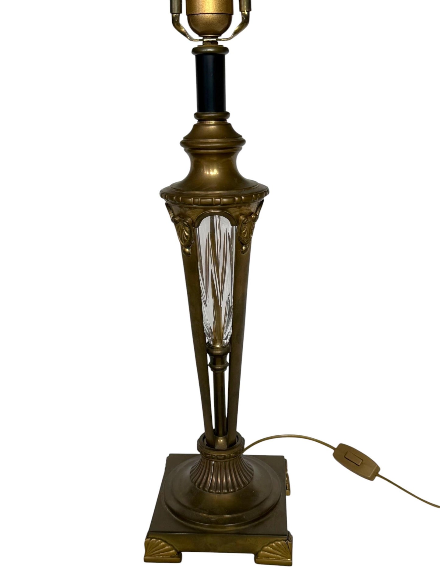 large Waterford Style Bronze Cut Crystal Empire Table Lamp Black Gold Shade, midcentury exclusiveausema lights
