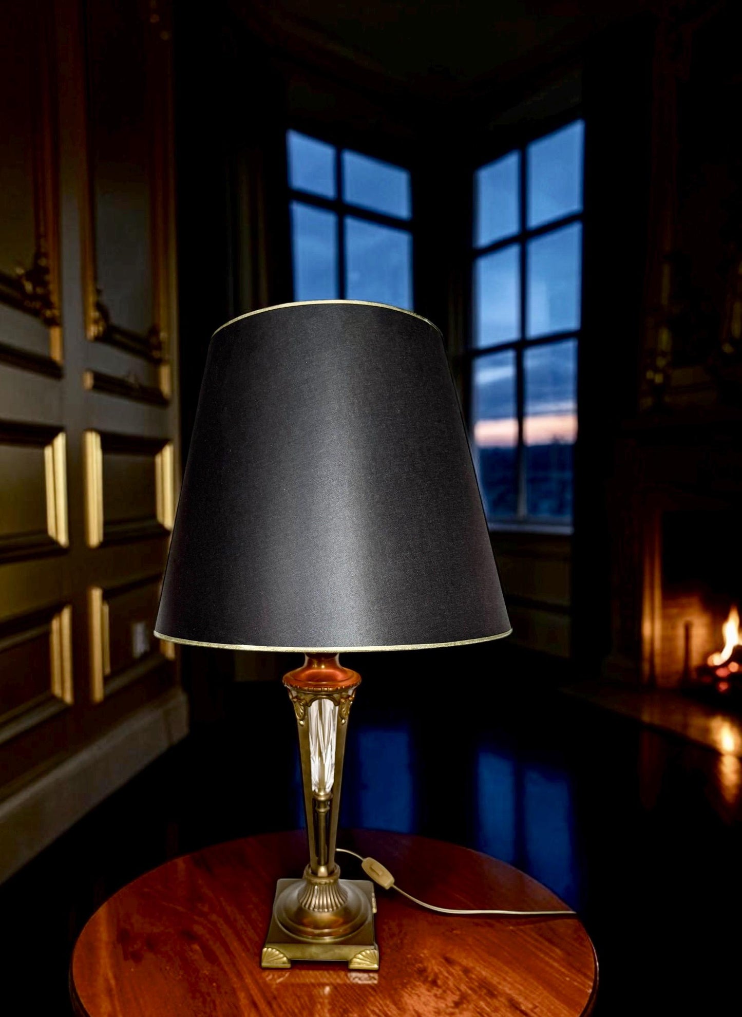 large Waterford Style Bronze Cut Crystal Empire Table Lamp Black Gold Shade, midcentury exclusiveausema lights