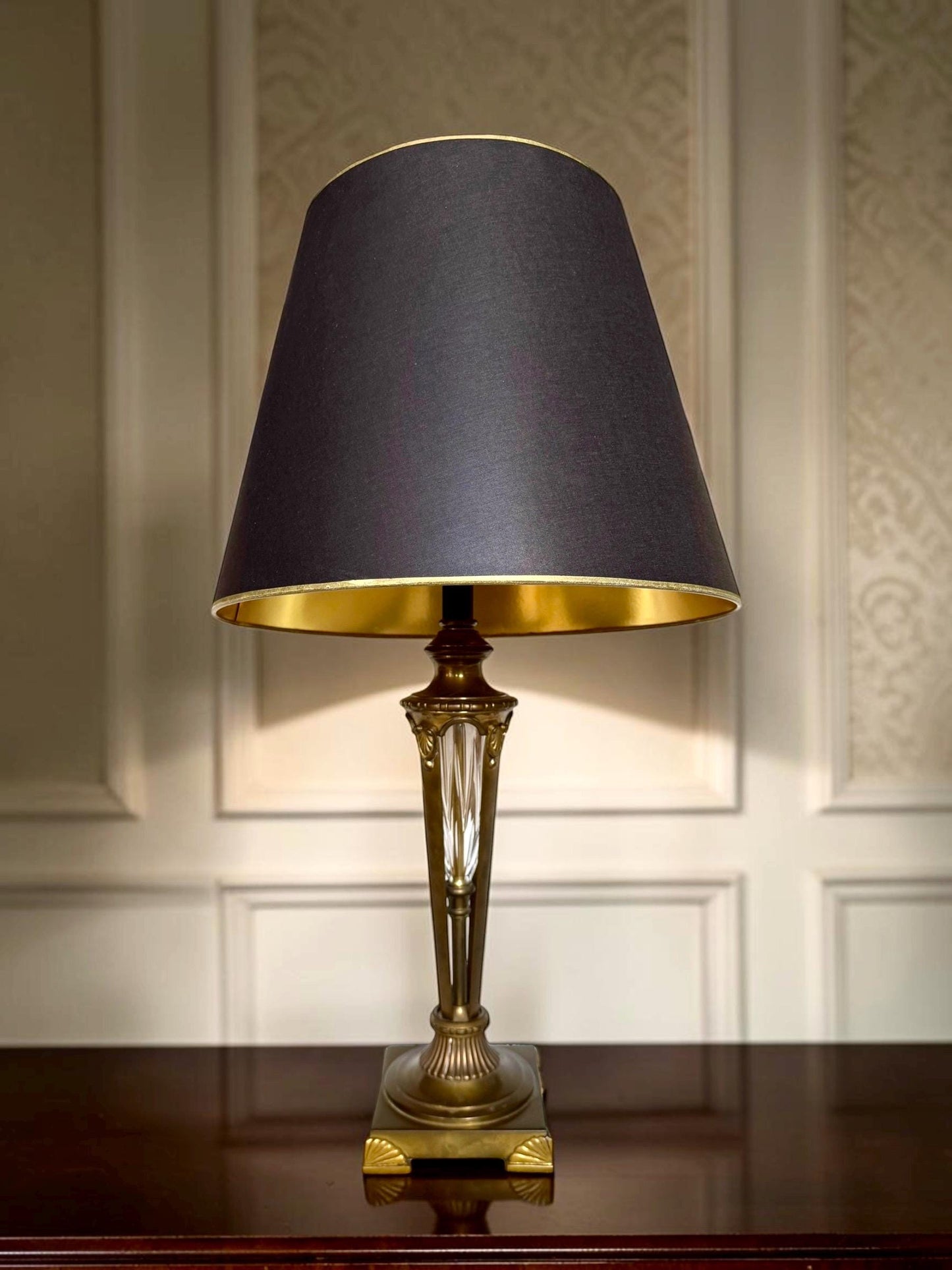 large Waterford Style Bronze Cut Crystal Empire Table Lamp Black Gold Shade, midcentury exclusiveausema lights