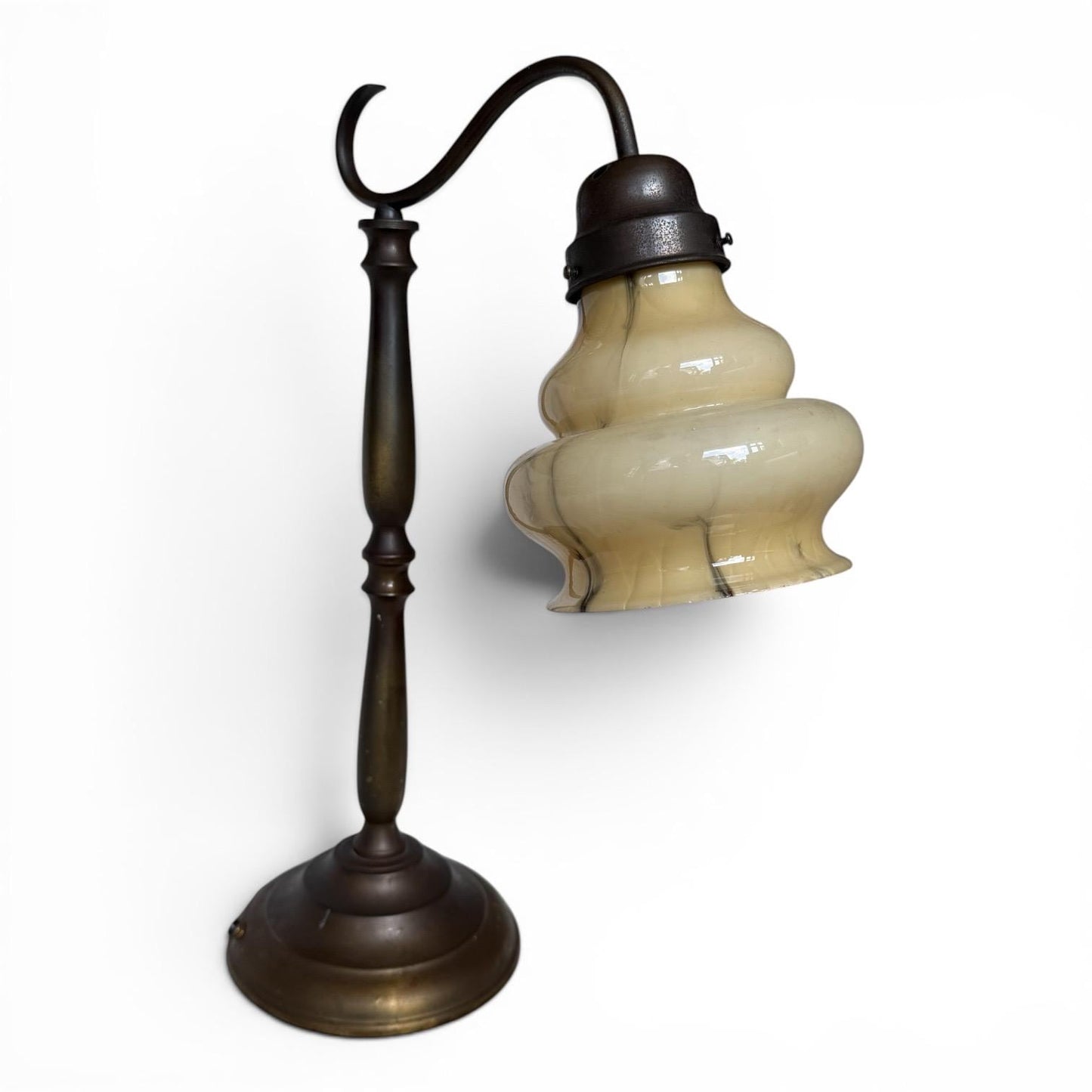 desklamp Antique Art Nouveau Brass Table Lamp Marbleized Opaline Glass Shade c1900 bulbous, opaline double gourd, organic art nouveau shade.