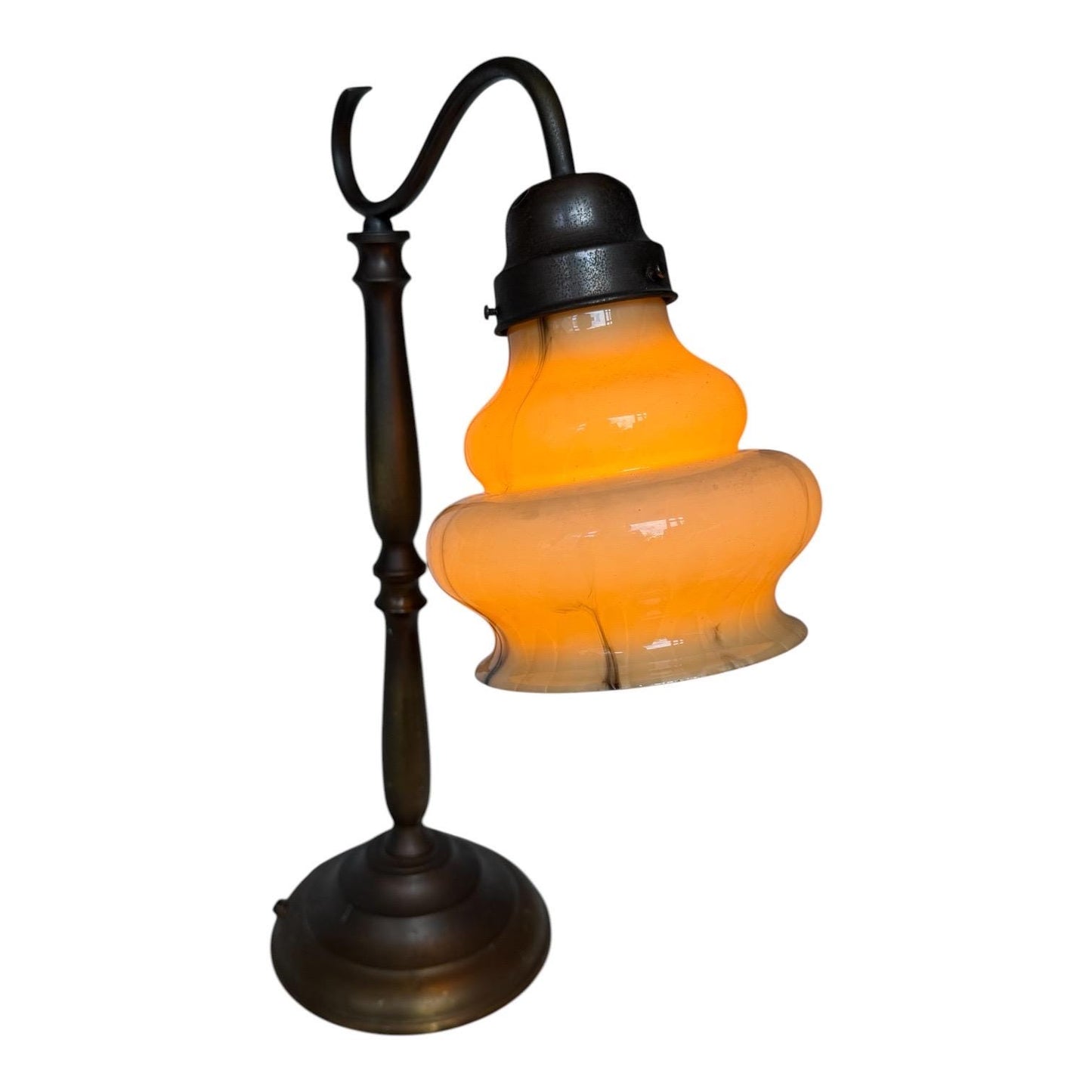 desklamp Antique Art Nouveau Brass Table Lamp Marbleized Opaline Glass Shade c1900 bulbous, opaline double gourd, organic art nouveau shade.