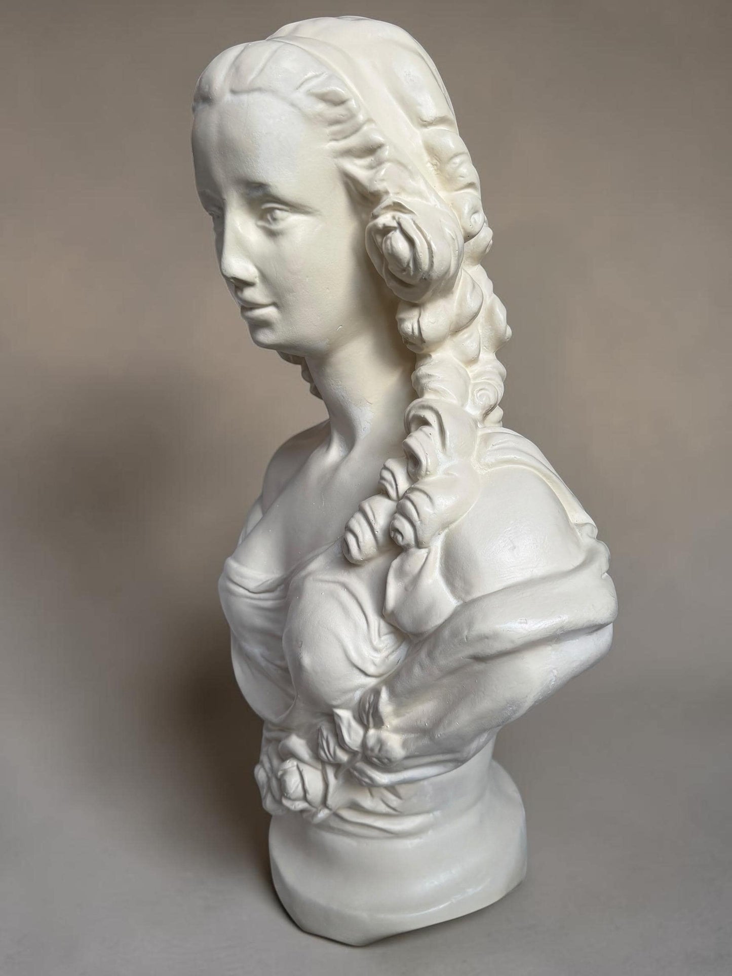 XL French Brocante Plaster Bust Romantic Lady Neoclassical Sculpture 60 cm Brocante classic antique. around 1920’s, France.