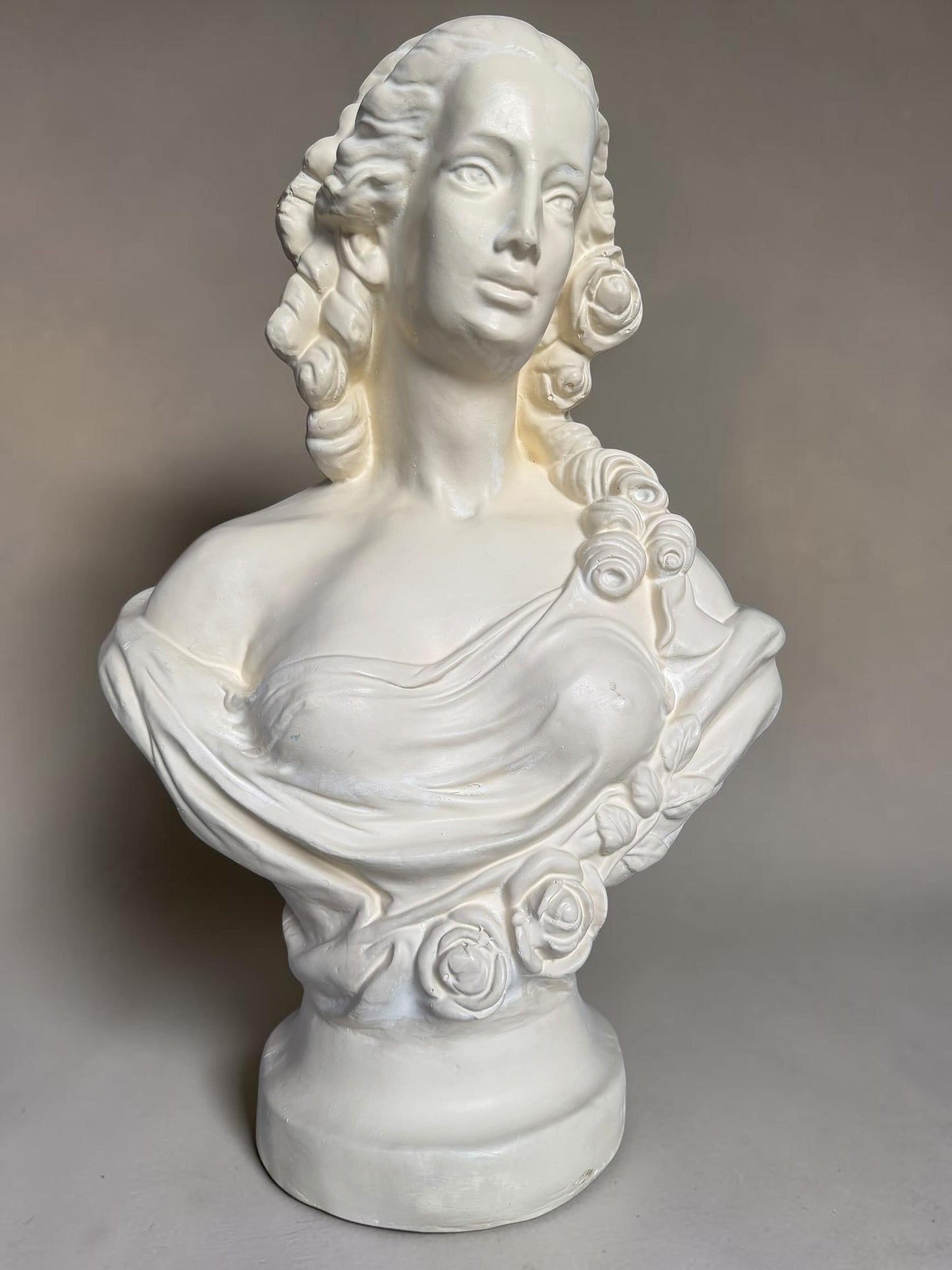 XL French Brocante Plaster Bust Romantic Lady Neoclassical Sculpture 60 cm Brocante classic antique. around 1920’s, France.