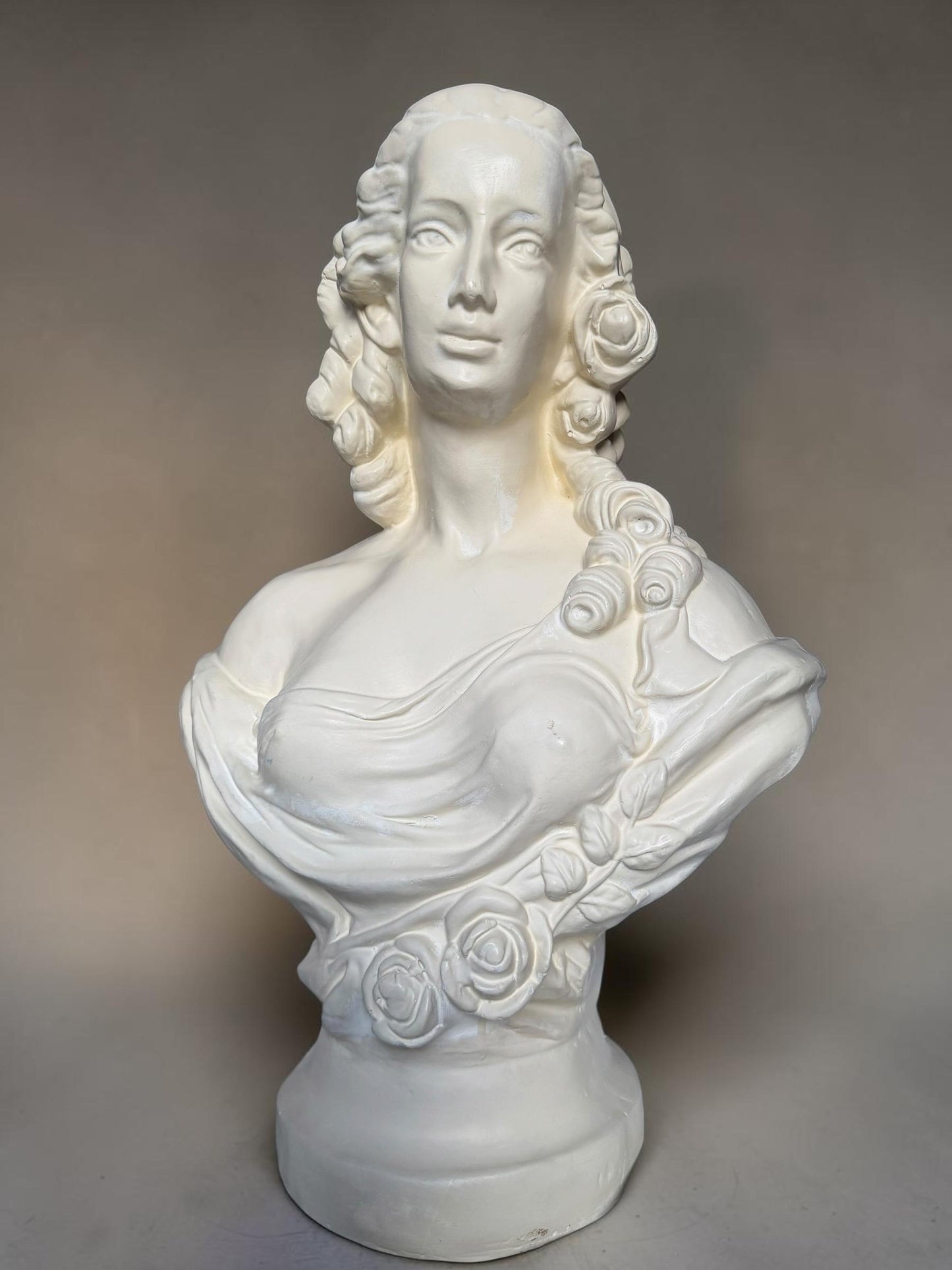 XL French Brocante Plaster Bust Romantic Lady Neoclassical Sculpture 60 cm Brocante classic antique. around 1920’s, France.