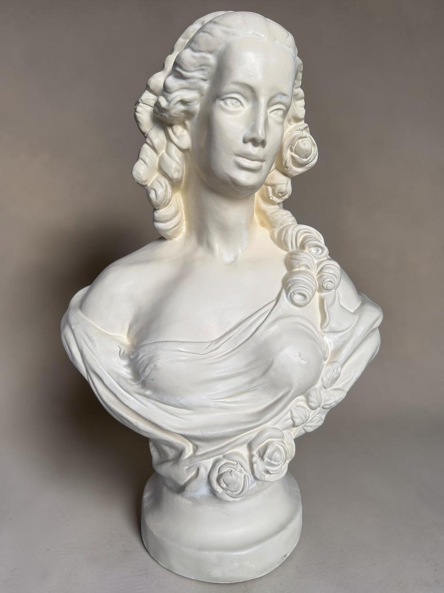 XL French Brocante Plaster Bust Romantic Lady Neoclassical Sculpture 60 cm Brocante classic antique. around 1920’s, France.