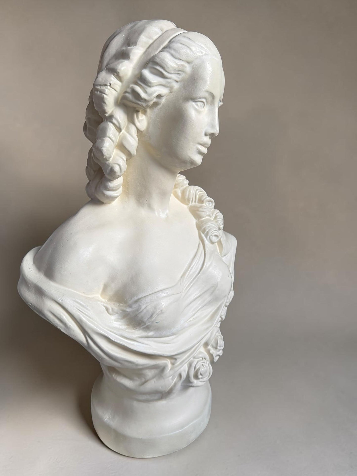 XL French Brocante Plaster Bust Romantic Lady Neoclassical Sculpture 60 cm Brocante classic antique. around 1920’s, France.
