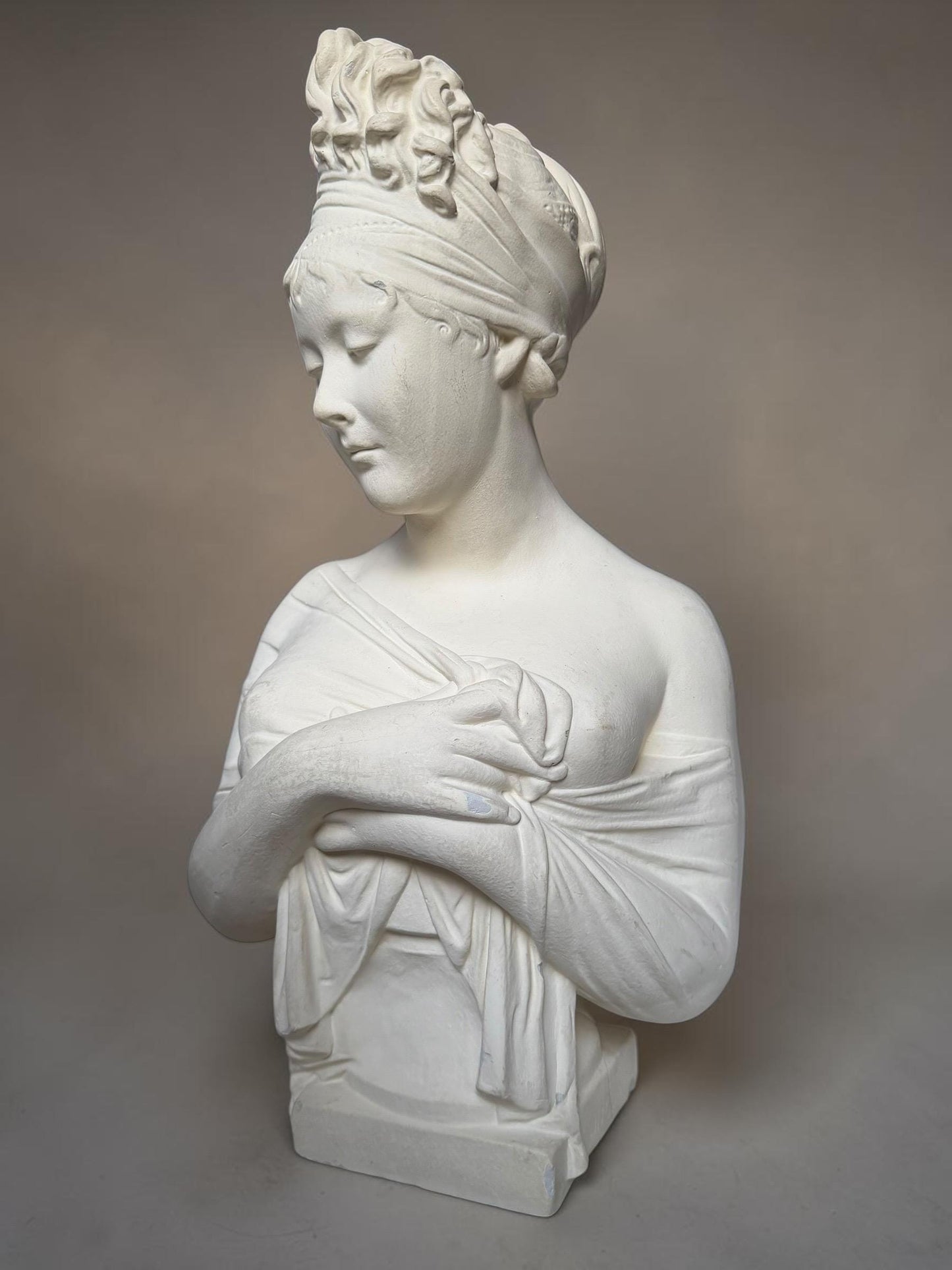 XL French Brocante Plaster Bust Romantic Lady Neoclassical Sculpture 55 cm Brocante classic antique. around 1920’s, France.