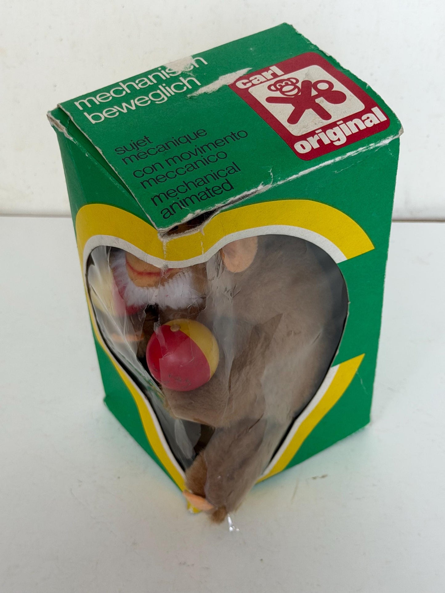 Carl Original mechanical toy Wind-Up Monkey with sambaBalls in Original Box – Mid-Century German Toy ape musician