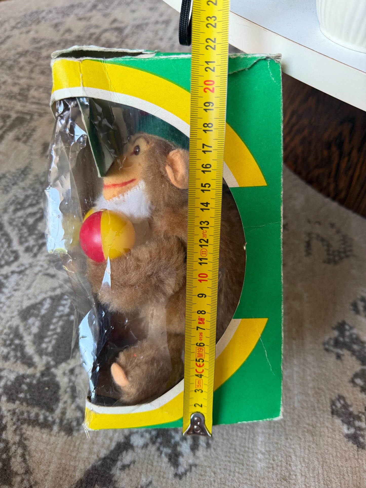 Carl Original mechanical toy Wind-Up Monkey with sambaBalls in Original Box – Mid-Century German Toy ape musician