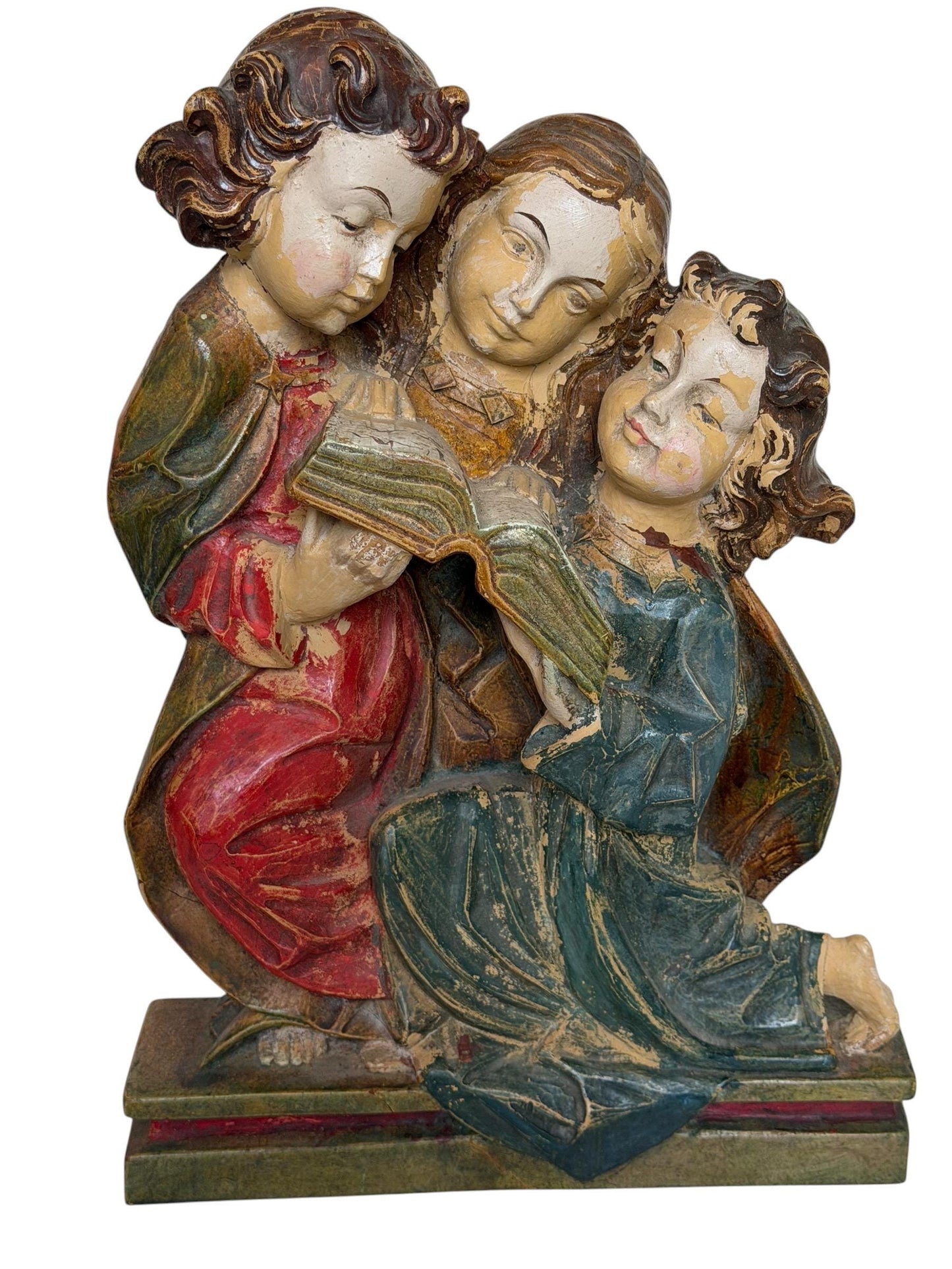 Antique Wood church figure of 3 girl reading choir book or bible - bavaria woodcarving - Alp school, 19th