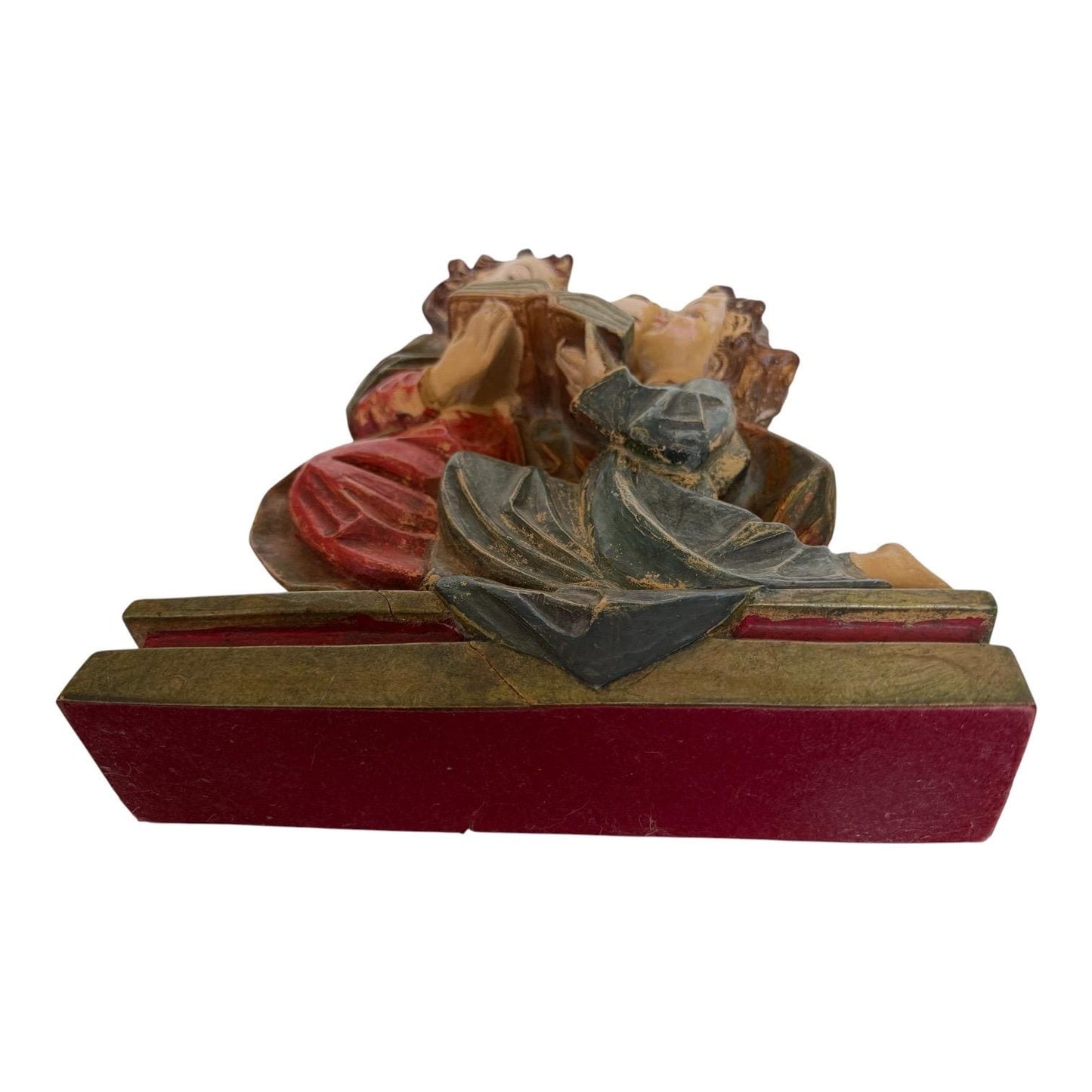 Antique Wood church figure of 3 girl reading choir book or bible - bavaria woodcarving - Alp school, 19th