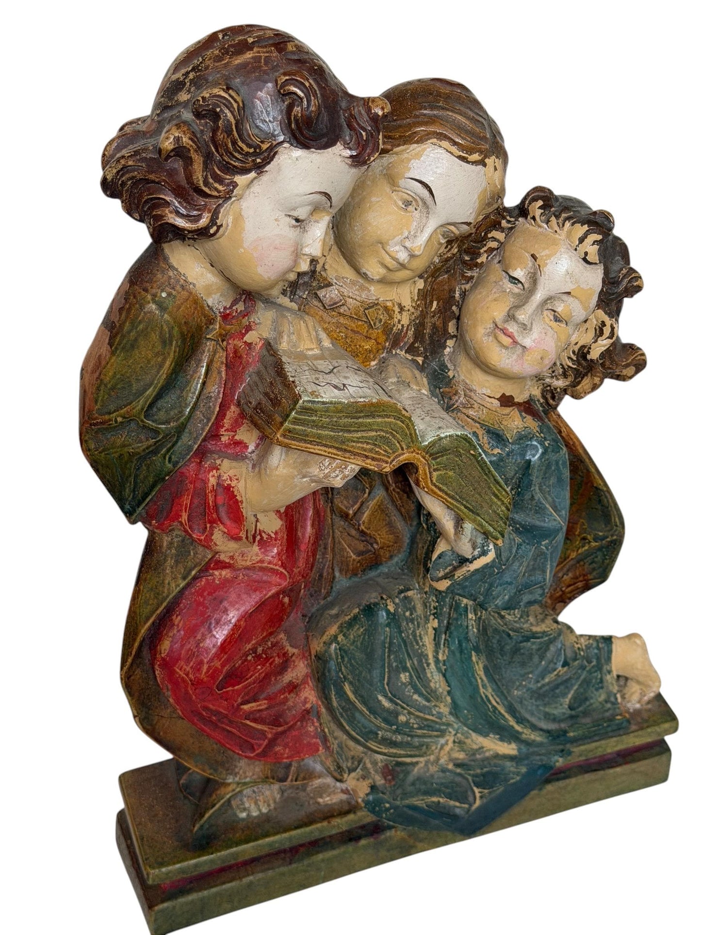 Antique Wood church figure of 3 girl reading choir book or bible - bavaria woodcarving - Alp school, 19th