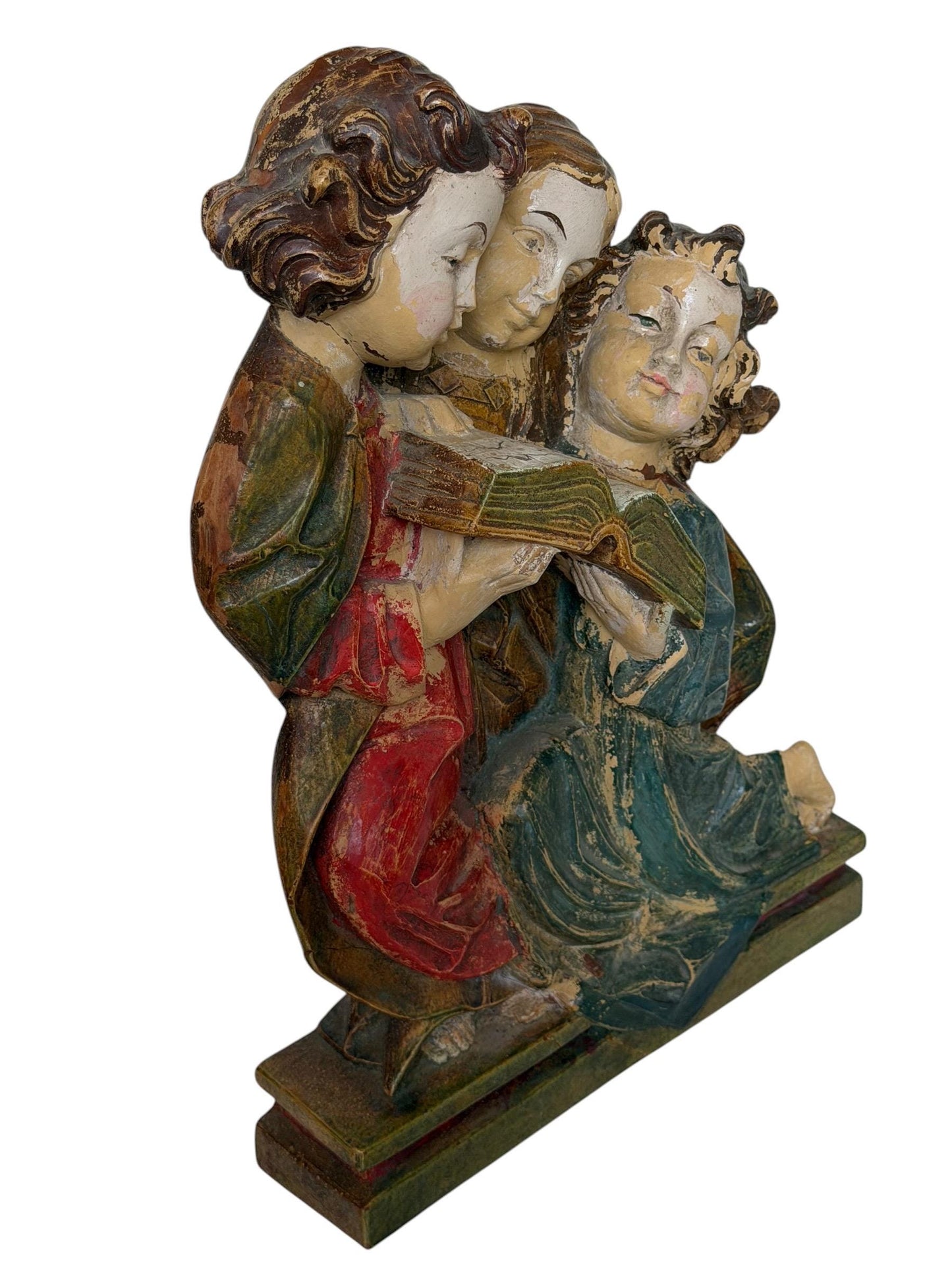 Antique Wood church figure of 3 girl reading choir book or bible - bavaria woodcarving - Alp school, 19th
