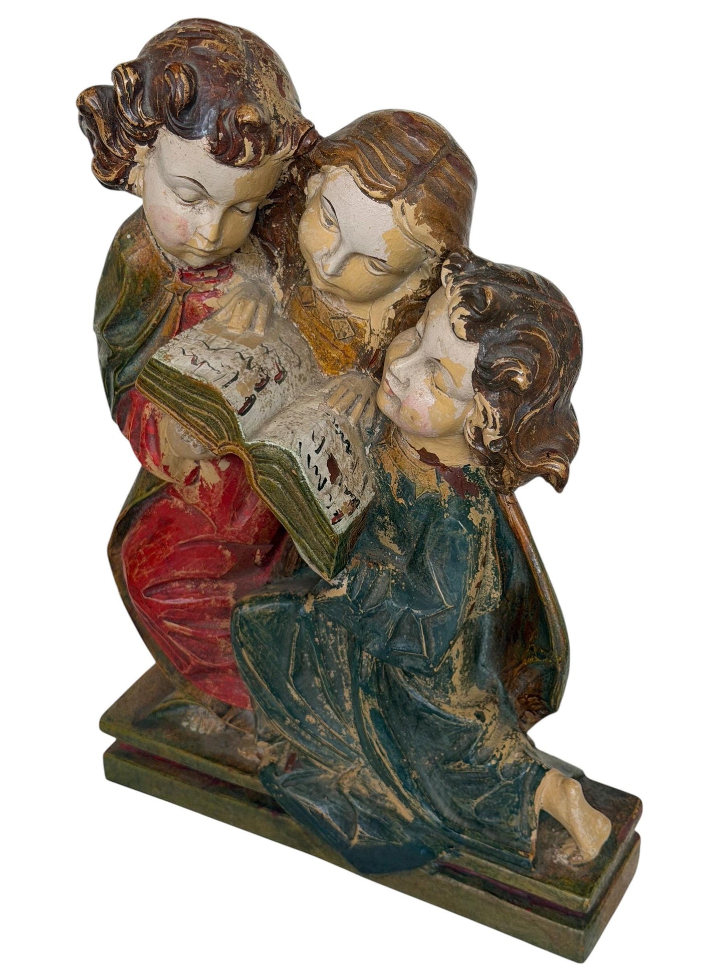Antique Wood church figure of 3 girl reading choir book or bible - bavaria woodcarving - Alp school, 19th