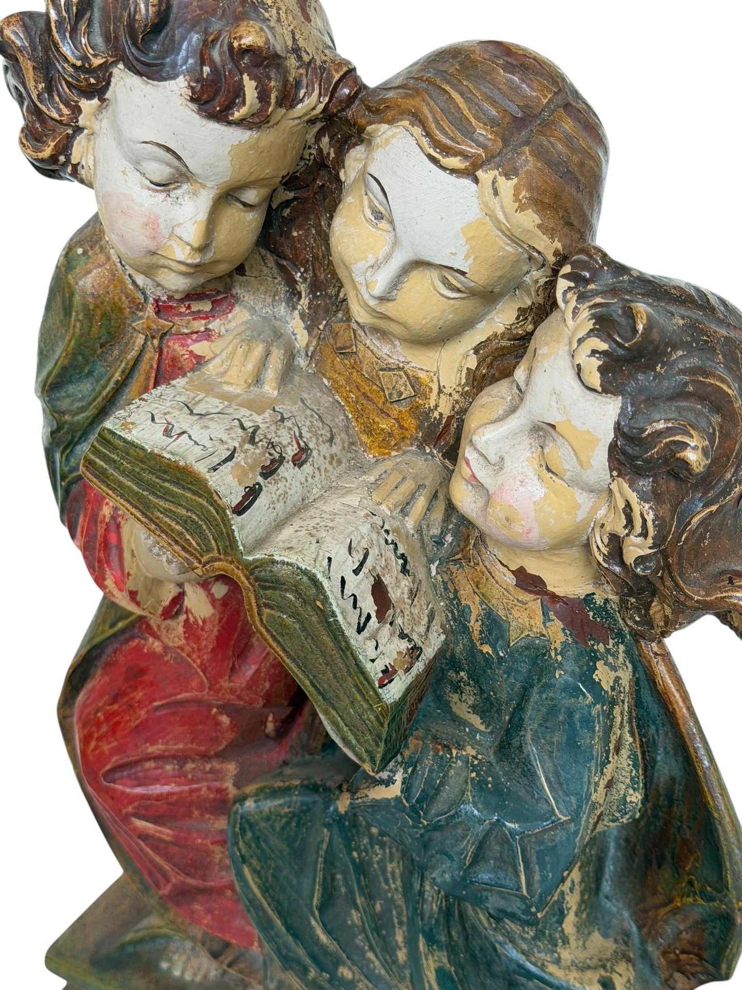 Antique Wood church figure of 3 girl reading choir book or bible - bavaria woodcarving - Alp school, 19th