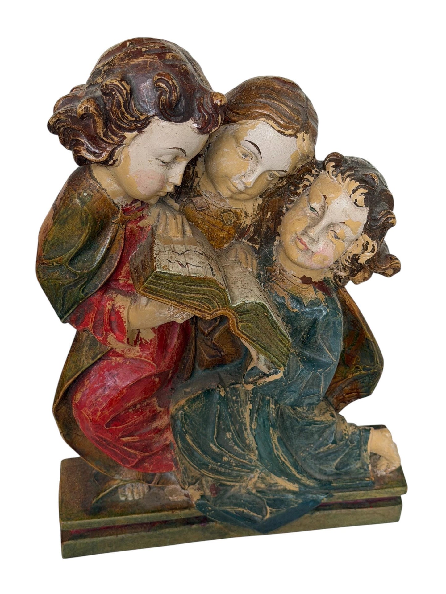 Antique Wood church figure of 3 girl reading choir book or bible - bavaria woodcarving - Alp school, 19th
