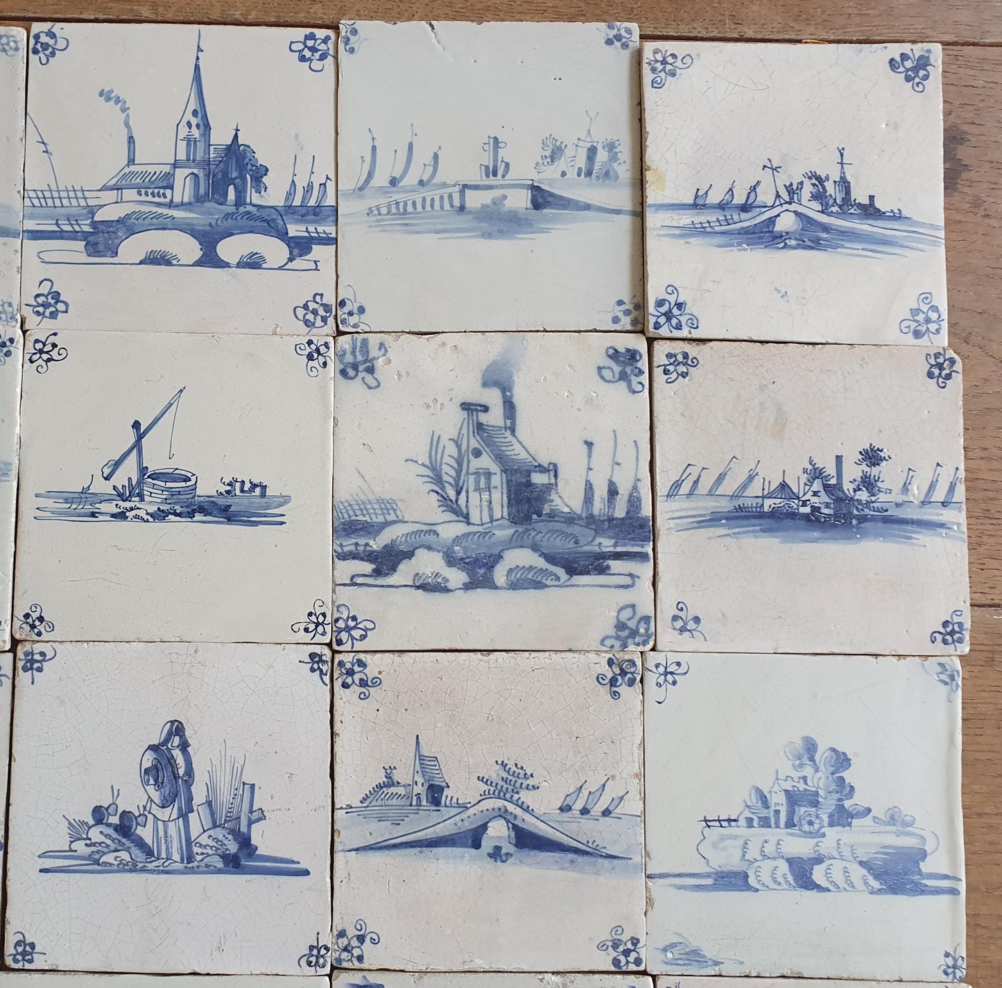 20 x Antique Delft landscape Tiles, 17th Century Dutch Wall Decor.