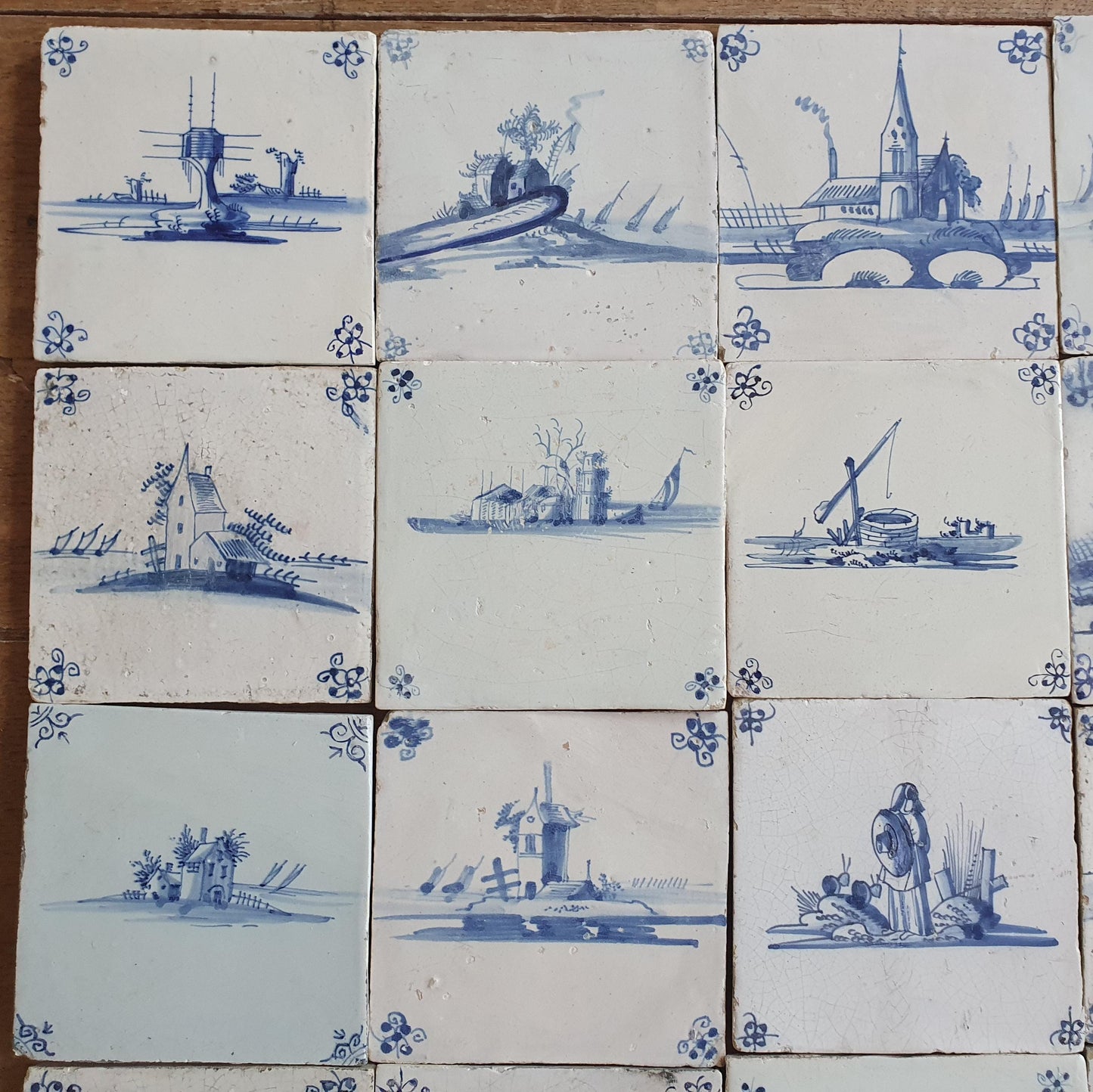 20 x Antique Delft landscape Tiles, 17th Century Dutch Wall Decor.