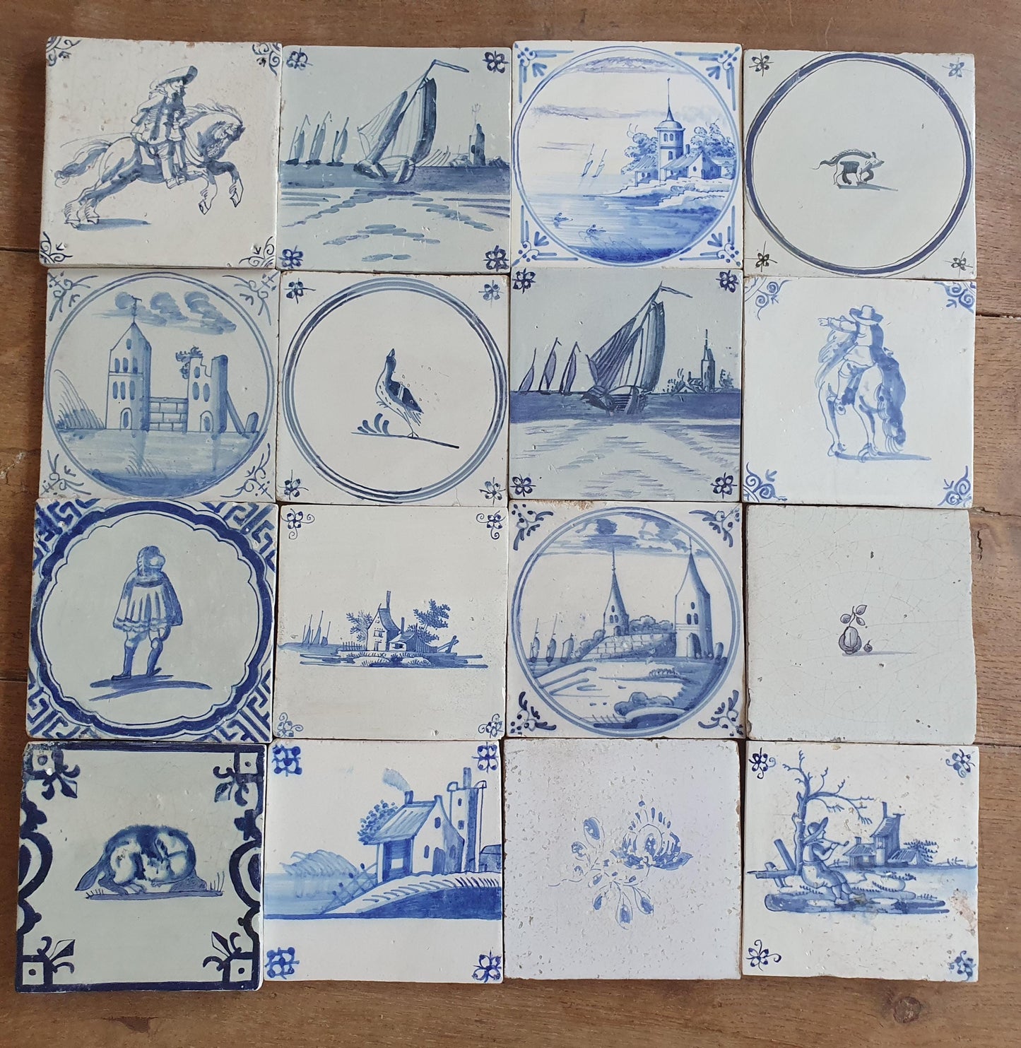 16 x Antique Delft Mix Tiles, 17th-18th and 19th Century Dutch Wall Decor.