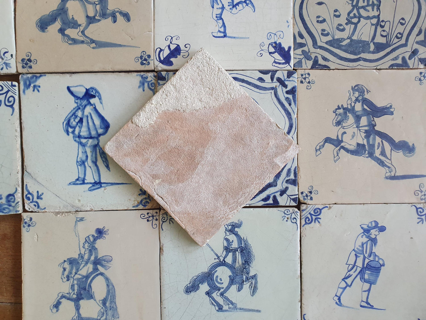 12 x Antique Delft Tiles - 1660-1660 People and Riders Design, Holland.