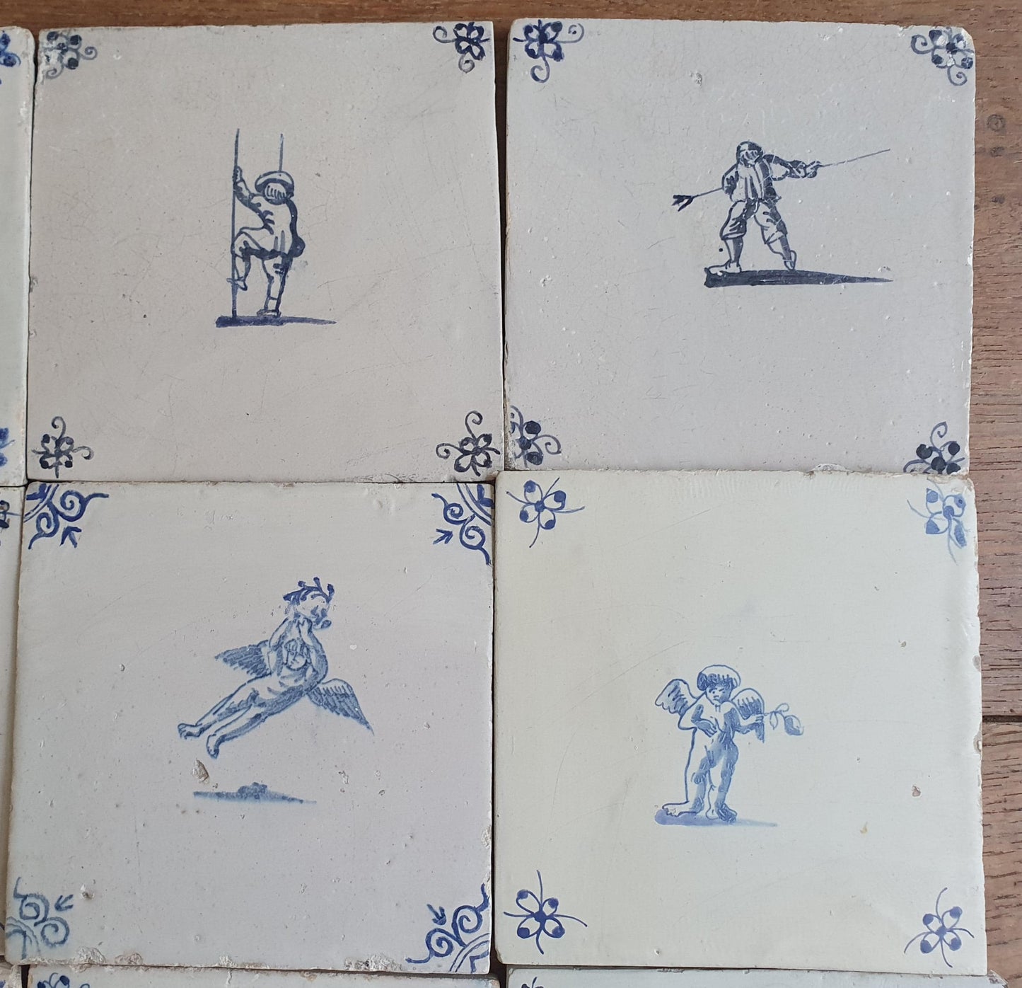 9 x Antique Delft Tiles - 1660-1660 People and Riders Design, Holland.