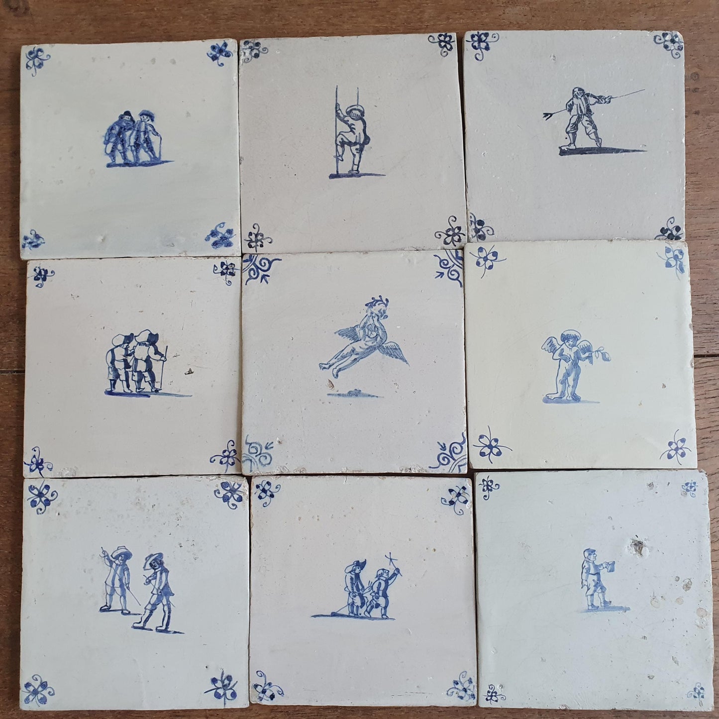 9 x Antique Delft Tiles - 1660-1660 People and Riders Design, Holland.