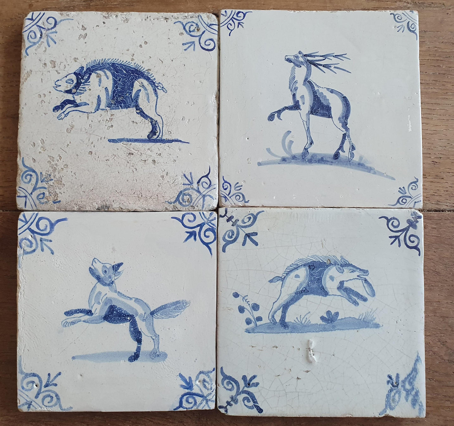 4 x Antique Delft Animal Tiles, 17th Century Dutch Wall Decor.