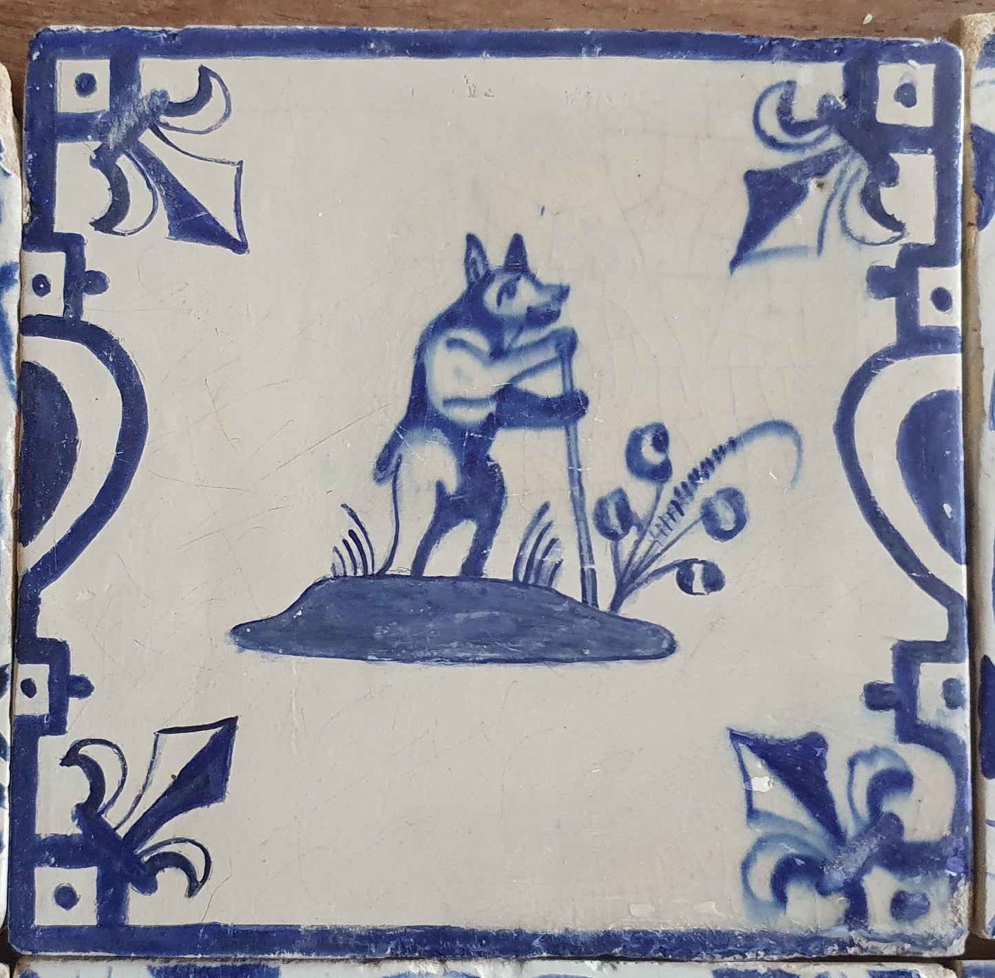6 x Antique Delft Animal Tiles, 17th Century Dutch Wall Decor.