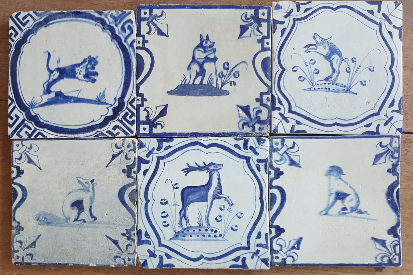 6 x Antique Delft Animal Tiles, 17th Century Dutch Wall Decor.