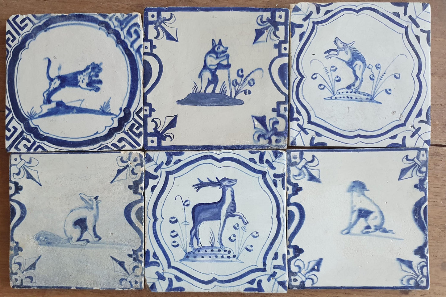 6 x Antique Delft Animal Tiles, 17th Century Dutch Wall Decor.