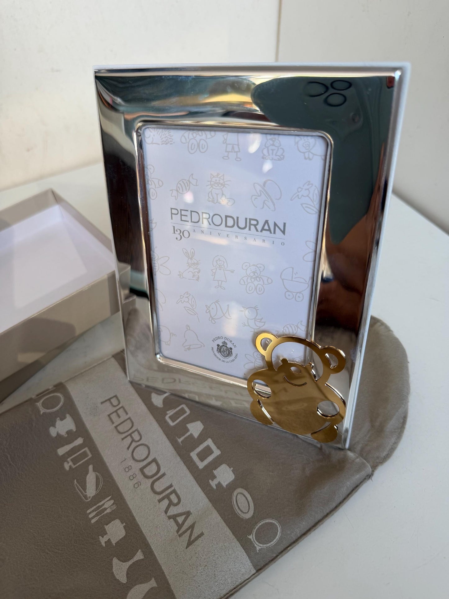 Pedro Duran silver and gold vintage spanish baby photoframe, boxed newborn shower christening gift luxury exlusives. Bear