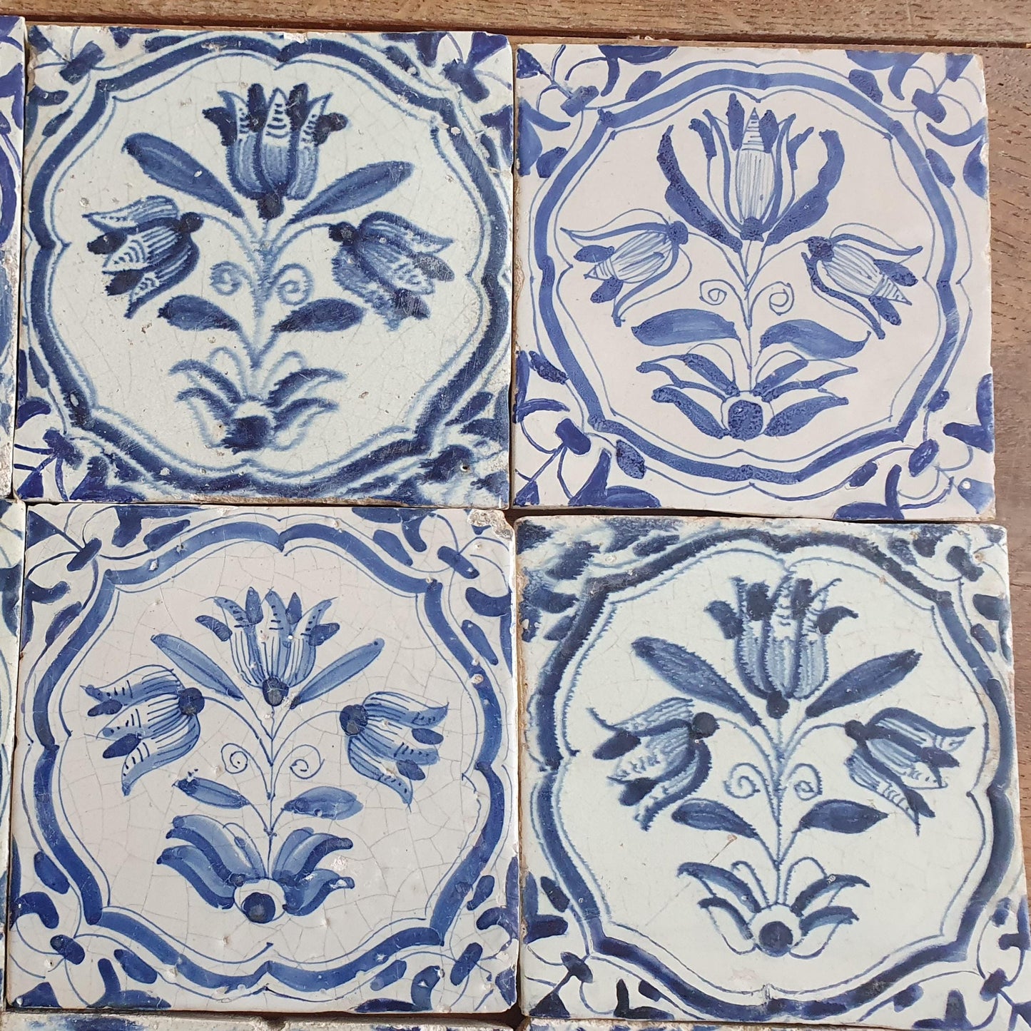 12 x Antique Delft flowers Tiles, 17th Century Dutch Wall Decor.