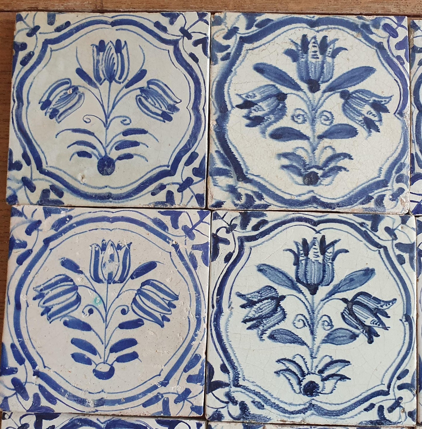 12 x Antique Delft flowers Tiles, 17th Century Dutch Wall Decor.