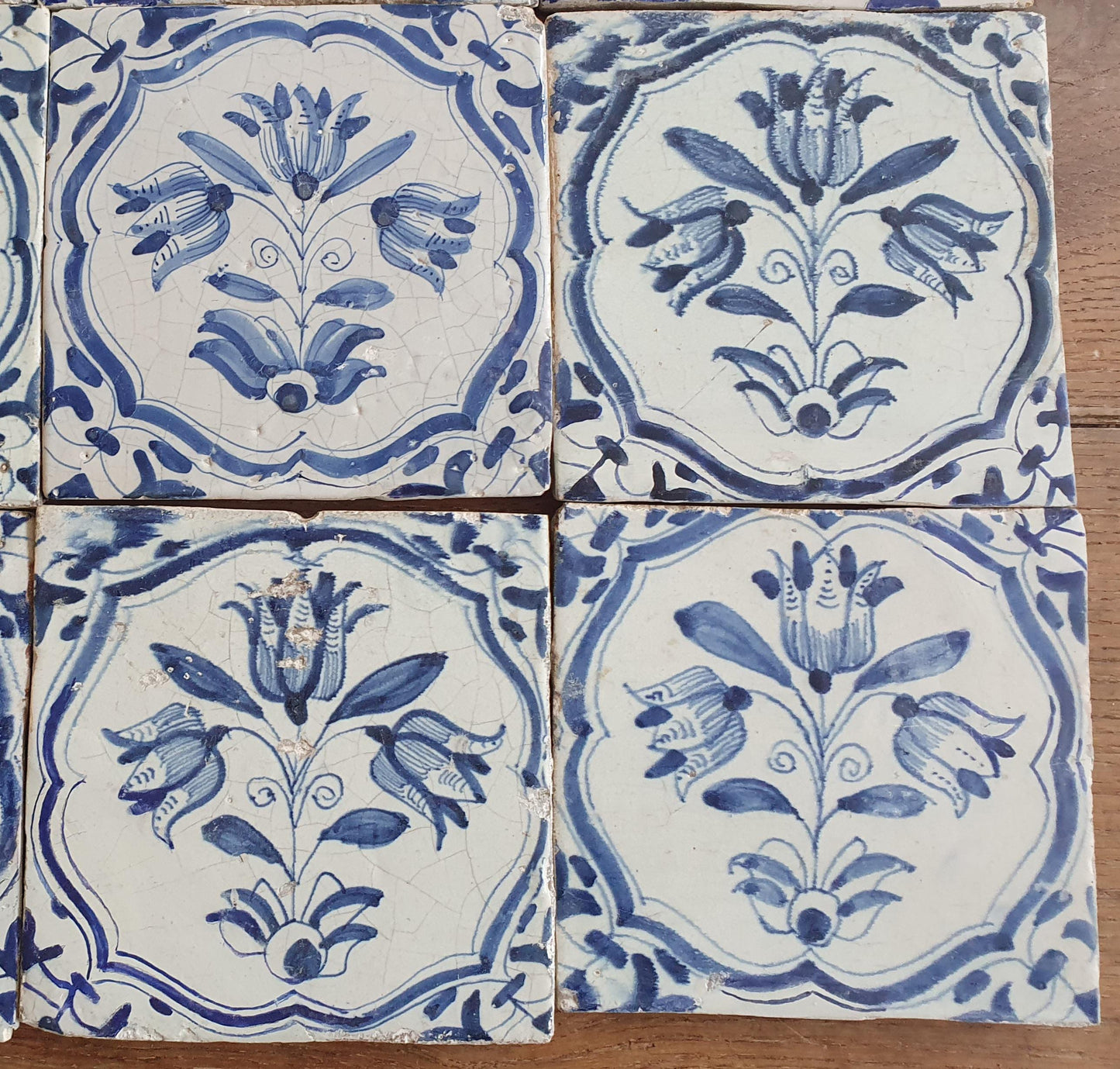 12 x Antique Delft flowers Tiles, 17th Century Dutch Wall Decor.
