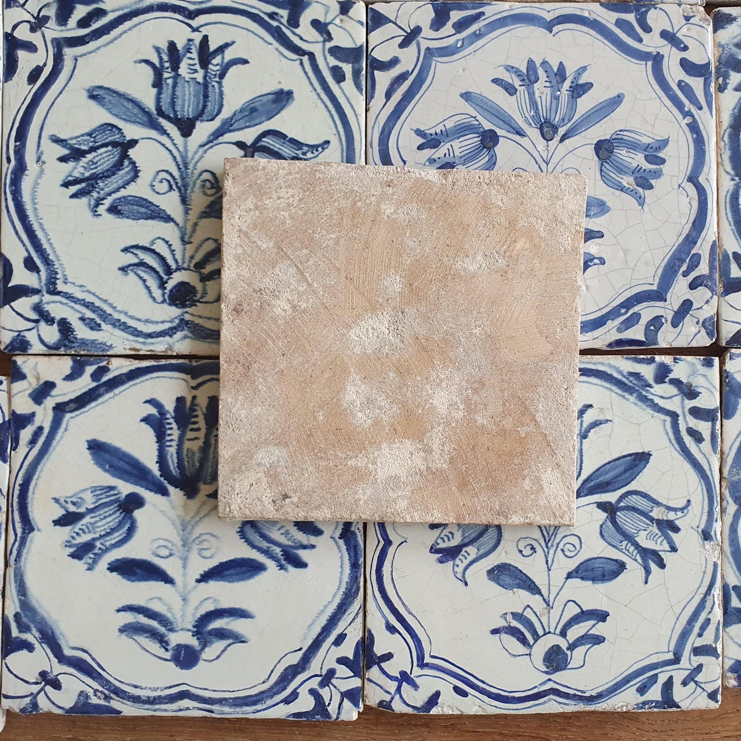 12 x Antique Delft flowers Tiles, 17th Century Dutch Wall Decor.