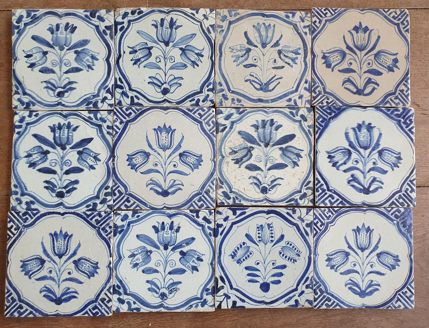 12 x Antique Delft flowers Tiles, 17th Century Dutch Wall Decor.