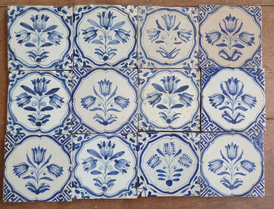 12 x Antique Delft flowers Tiles, 17th Century Dutch Wall Decor.