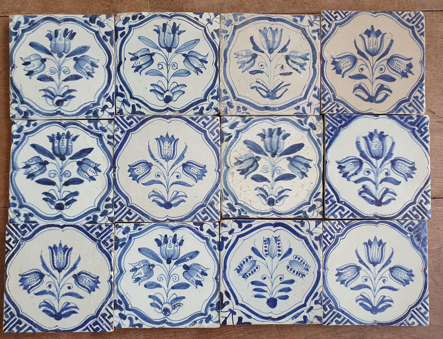 12 x Antique Delft flowers Tiles, 17th Century Dutch Wall Decor.