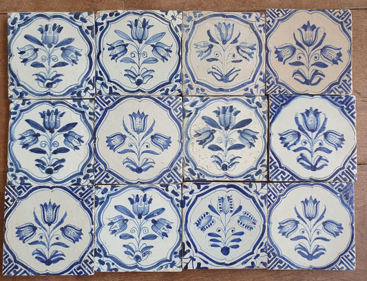 12 x Antique Delft flowers Tiles, 17th Century Dutch Wall Decor.