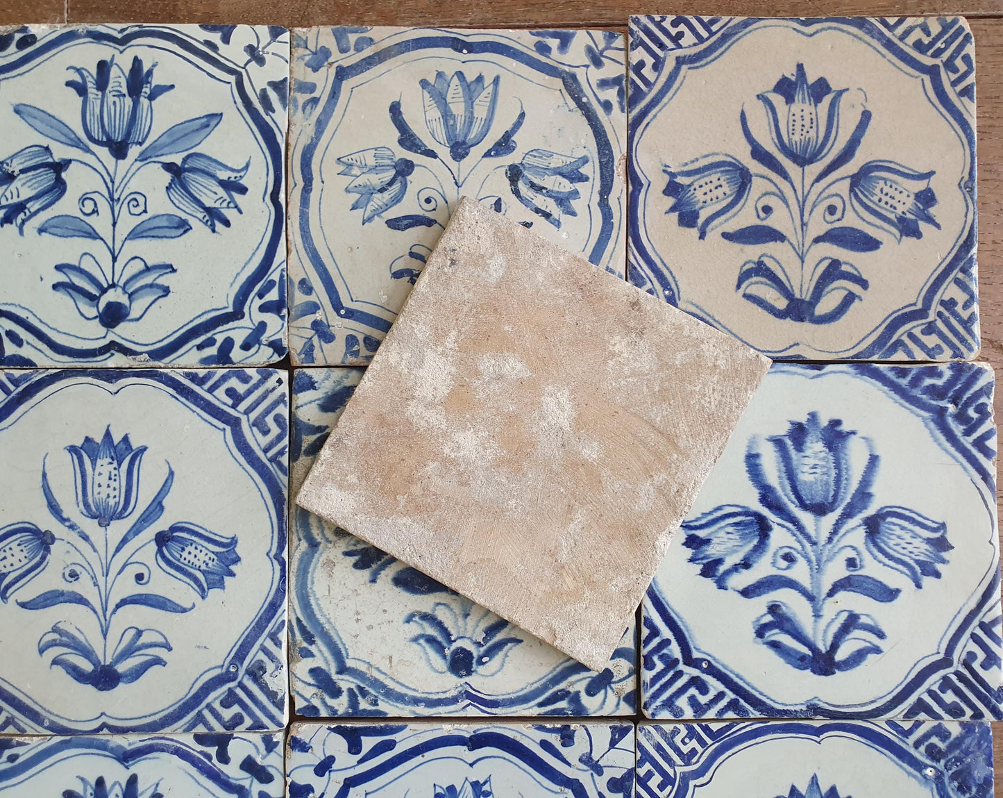 12 x Antique Delft flowers Tiles, 17th Century Dutch Wall Decor.