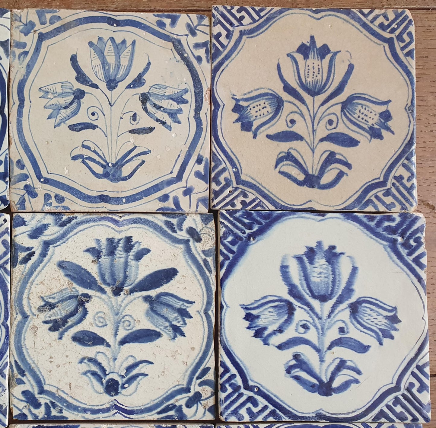 12 x Antique Delft flowers Tiles, 17th Century Dutch Wall Decor.