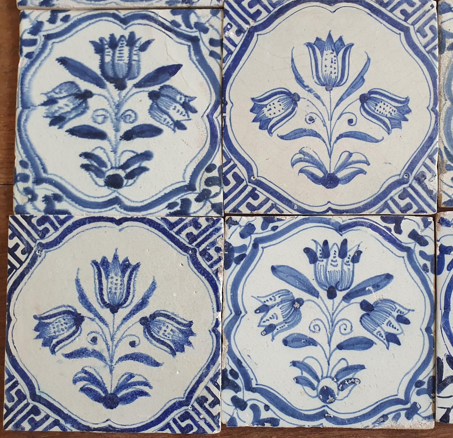 12 x Antique Delft flowers Tiles, 17th Century Dutch Wall Decor.