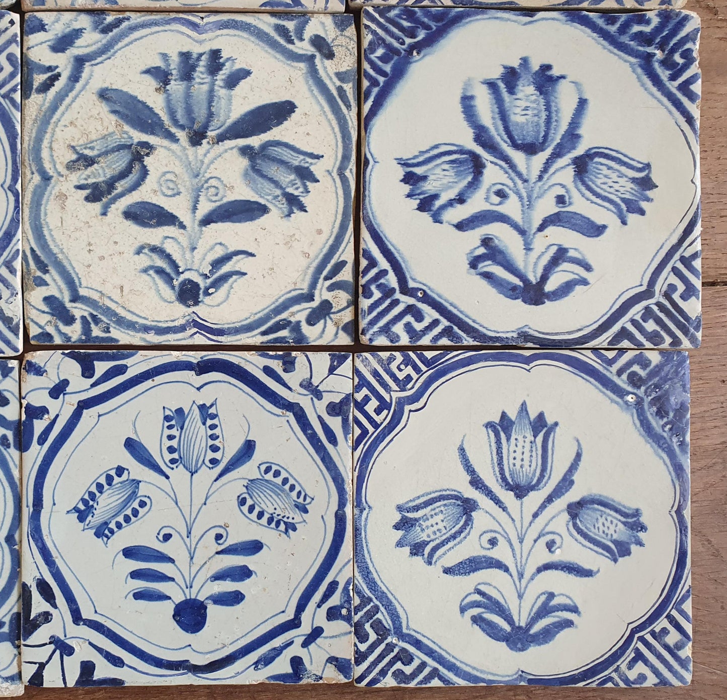 12 x Antique Delft flowers Tiles, 17th Century Dutch Wall Decor.