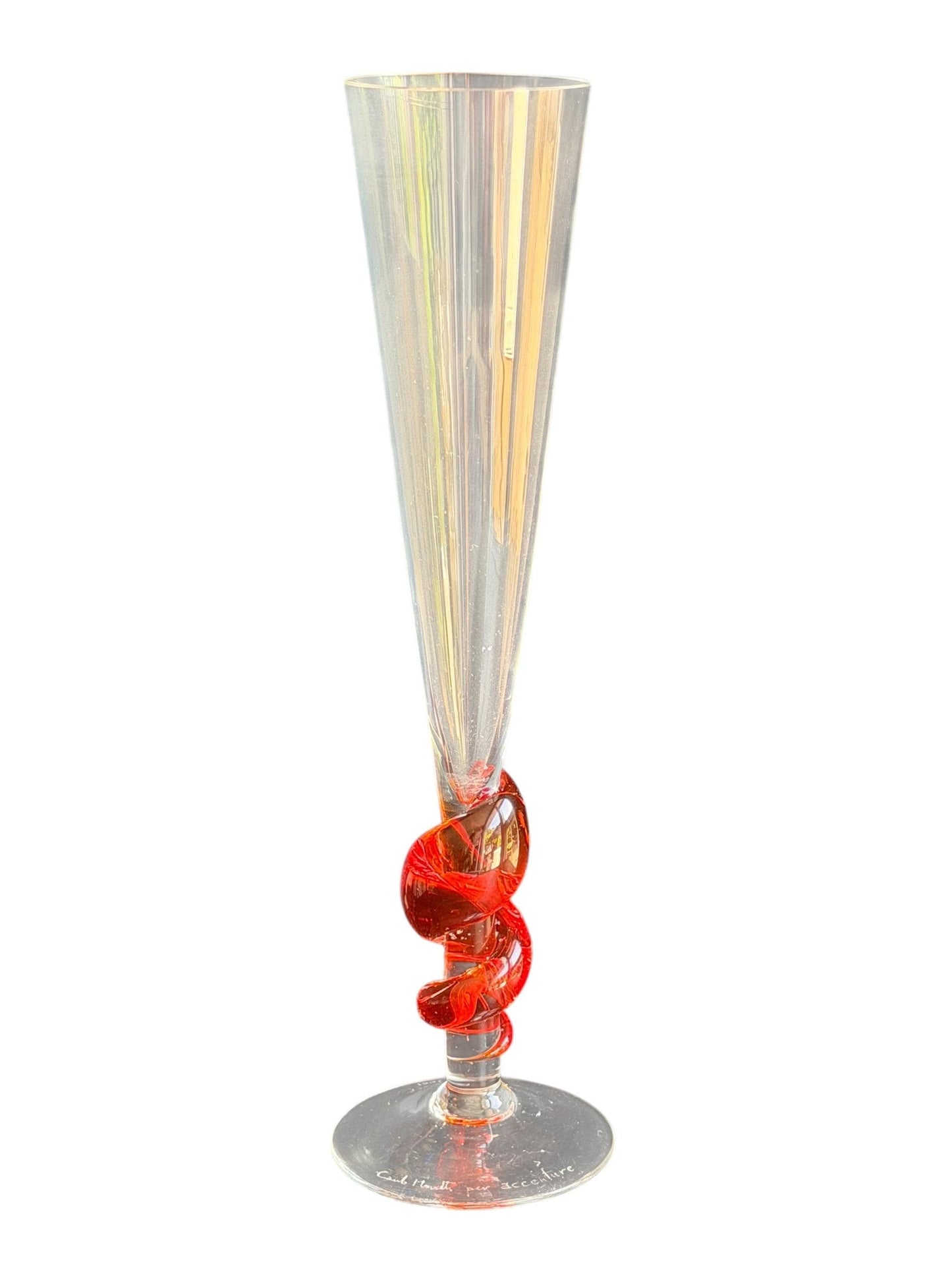 Carlo Moretti Murano Glass Champagne Flute, Hand Engraved, Rare, red