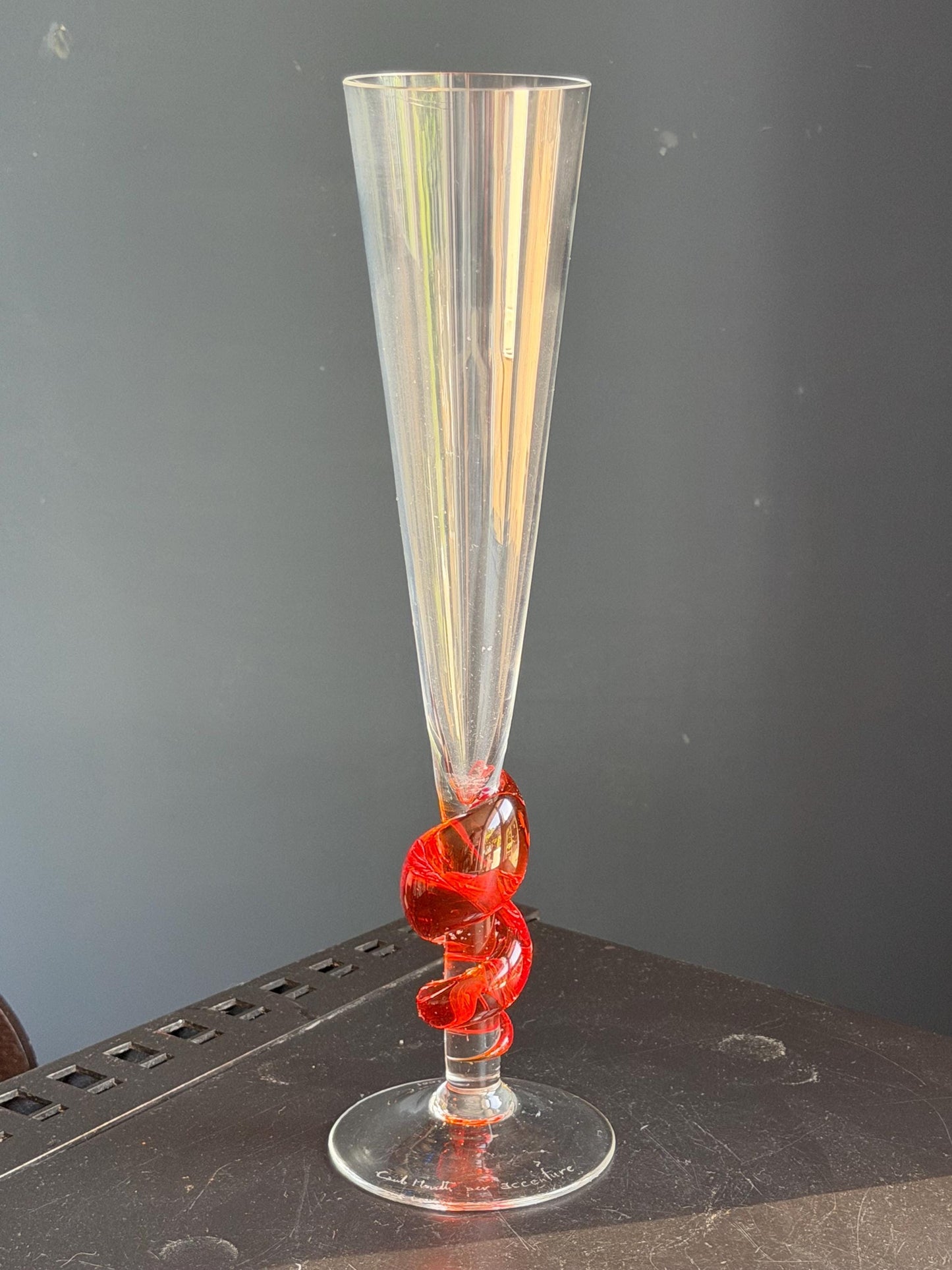 Carlo Moretti Murano Glass Champagne Flute, Hand Engraved, Rare, red