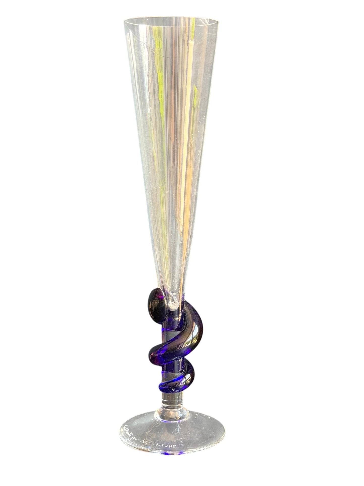 Carlo Moretti Murano Glass Champagne Flute, Hand Engraved, Rare, blue