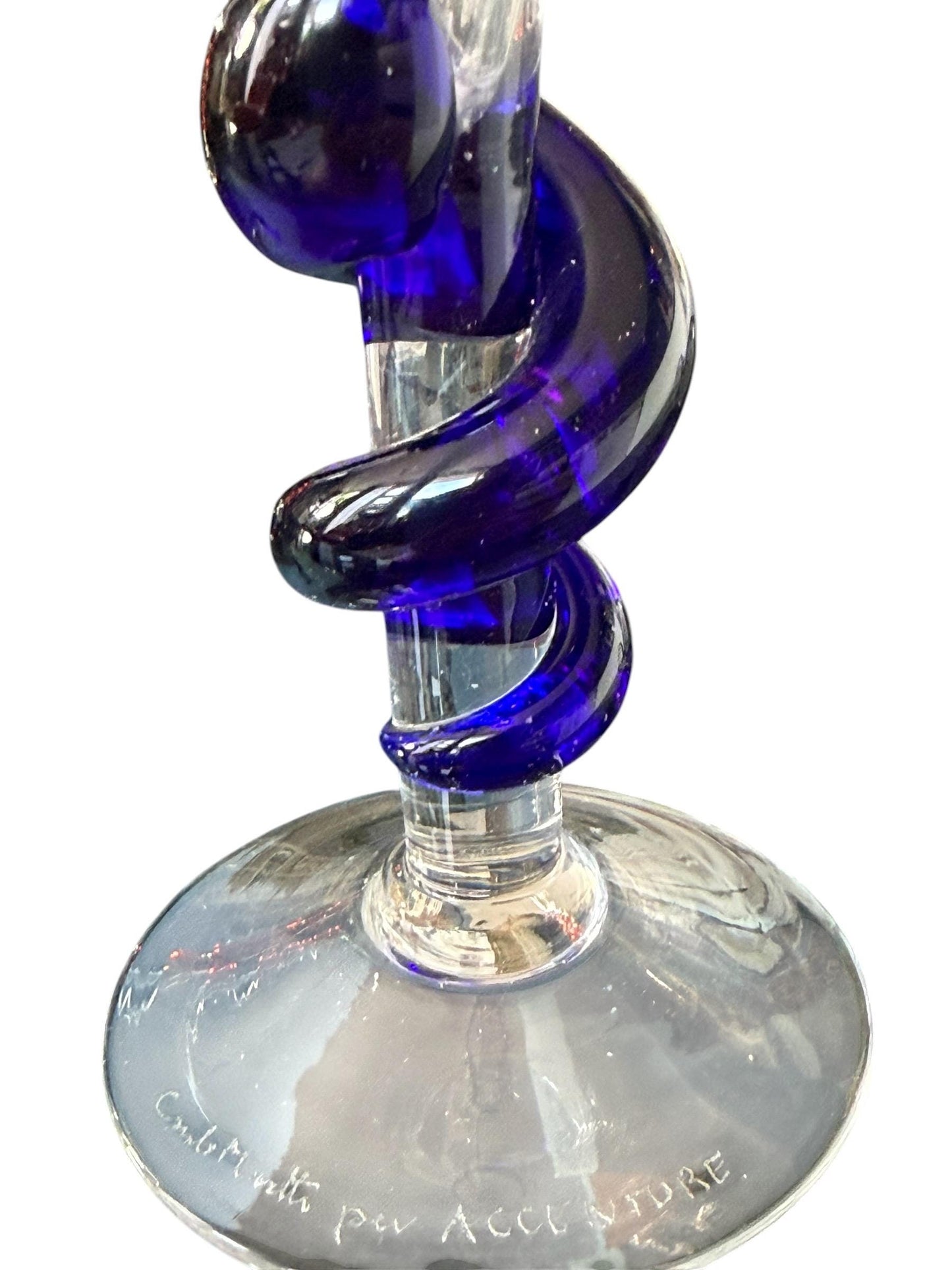 Carlo Moretti Murano Glass Champagne Flute, Hand Engraved, Rare, blue