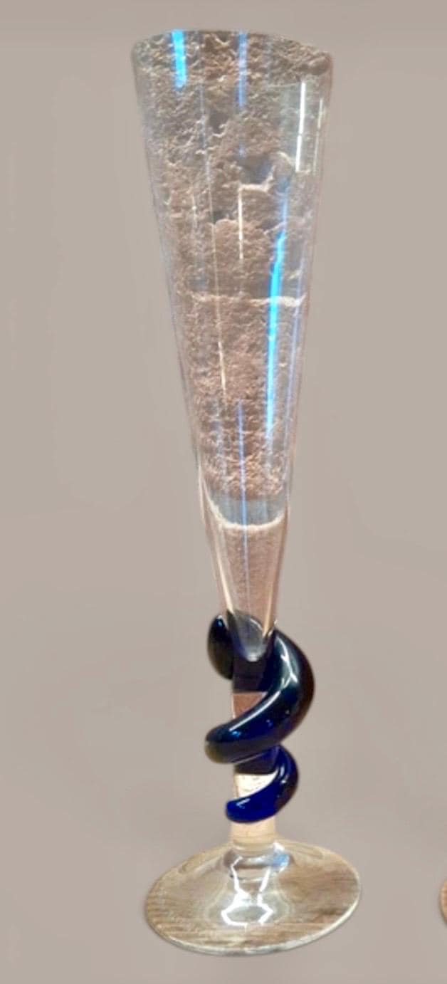 Carlo Moretti Murano Glass Champagne Flute, Hand Engraved, Rare, blue